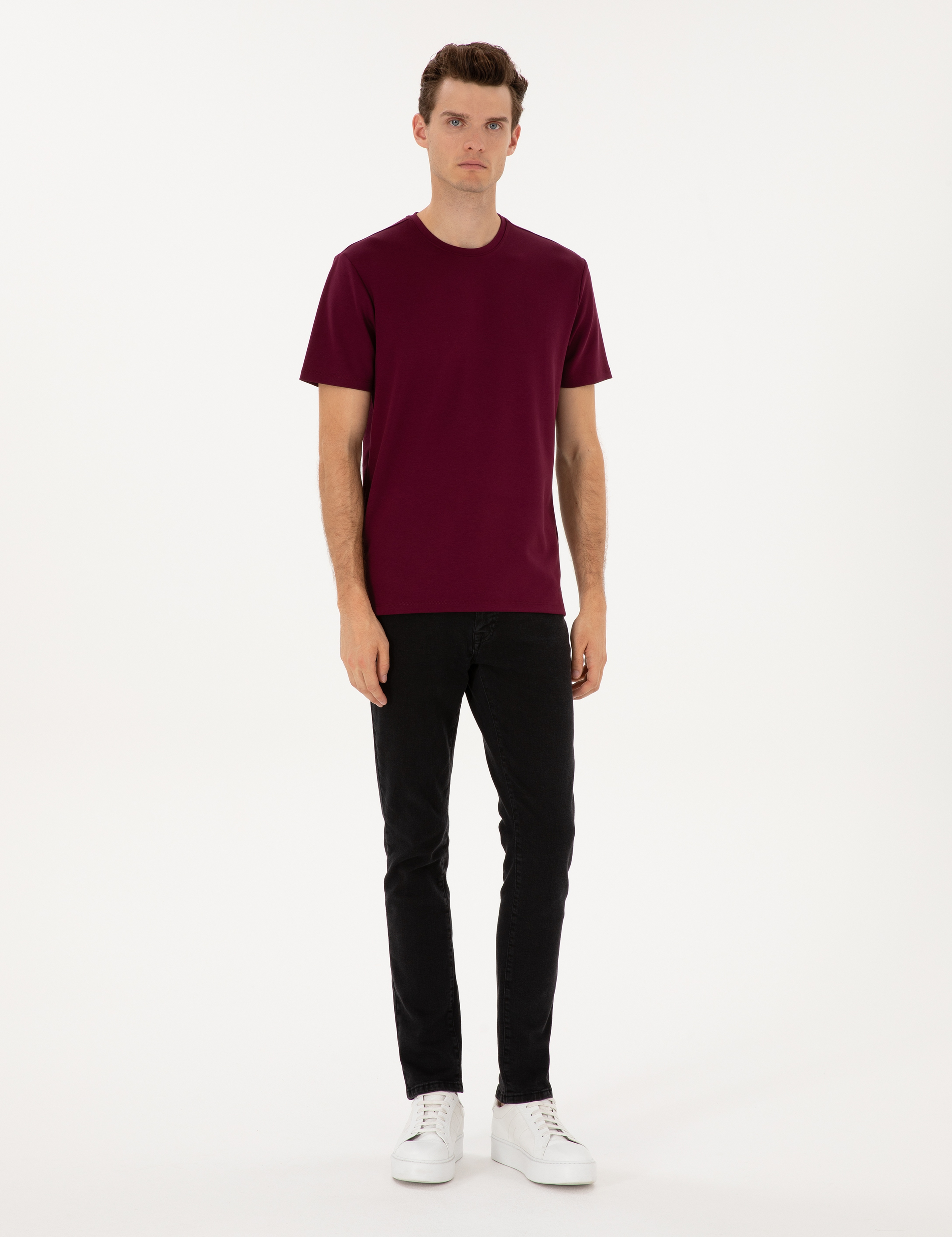 Bordo Regular Fit Kalın Dokulu Bisiklet Yaka Basic Tişört - Image 4