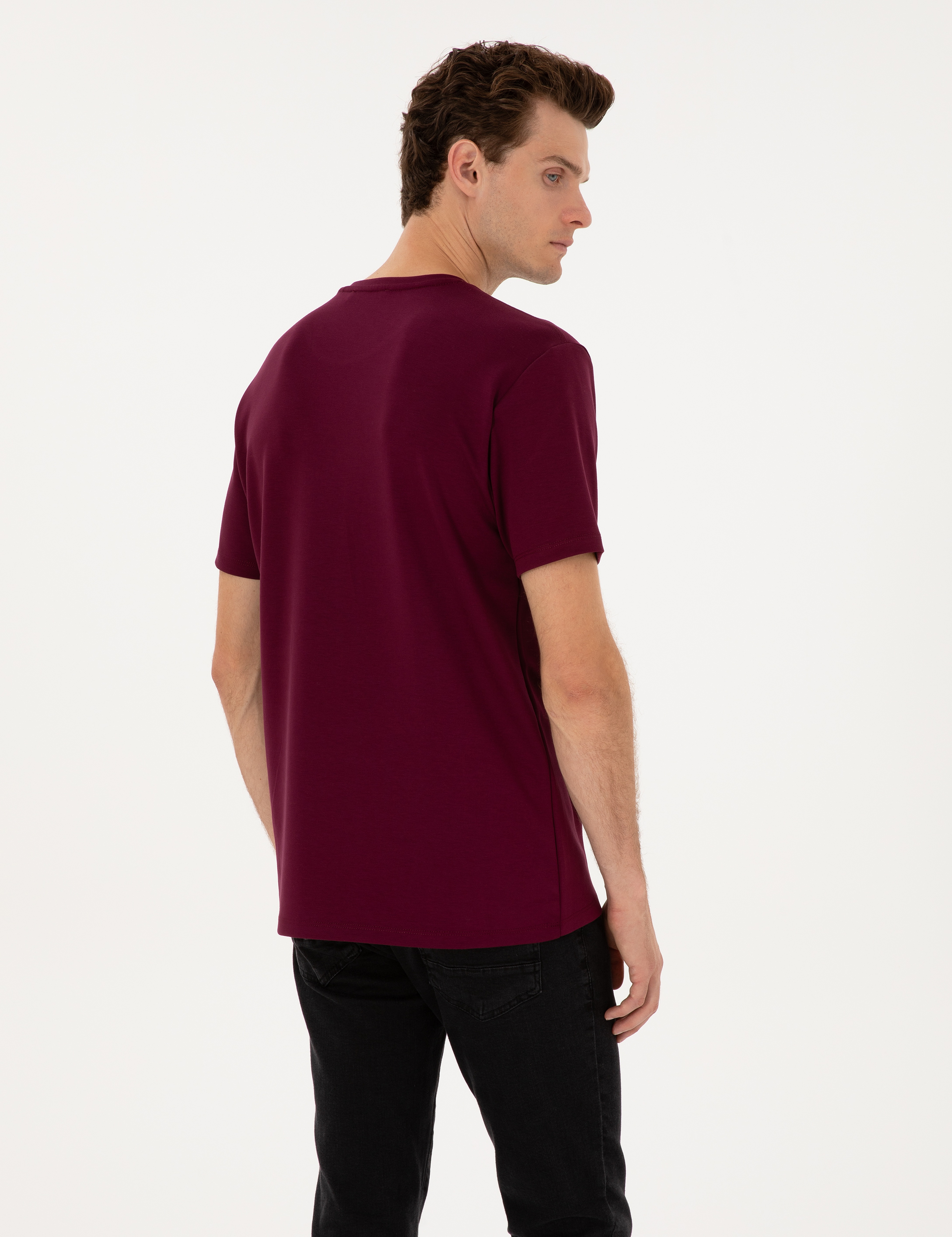 Bordo Regular Fit Kalın Dokulu Bisiklet Yaka Basic Tişört - Image 5