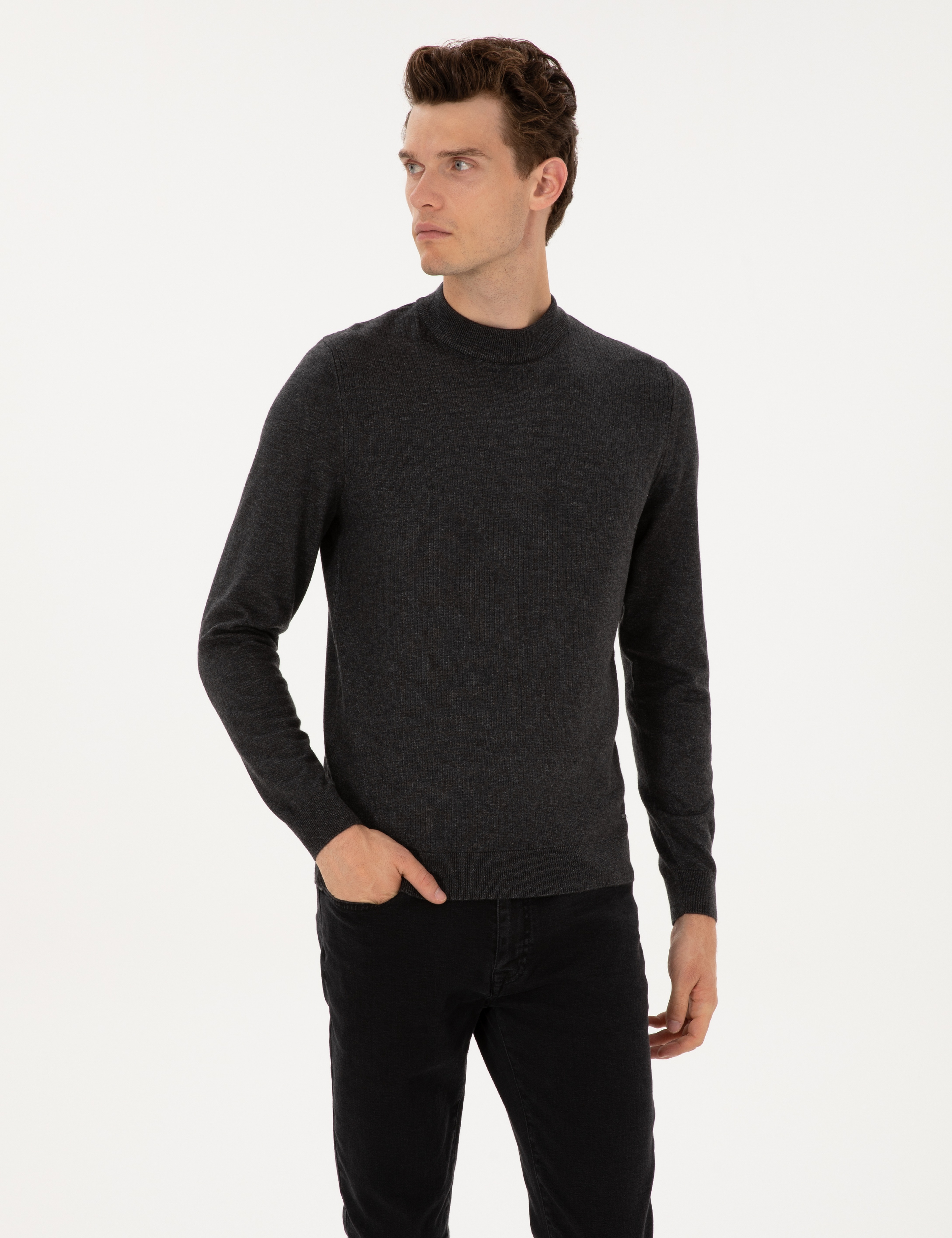 Antrasit Melanj Slim Fit Çeyrek Yaka Triko Kazak - Image 3