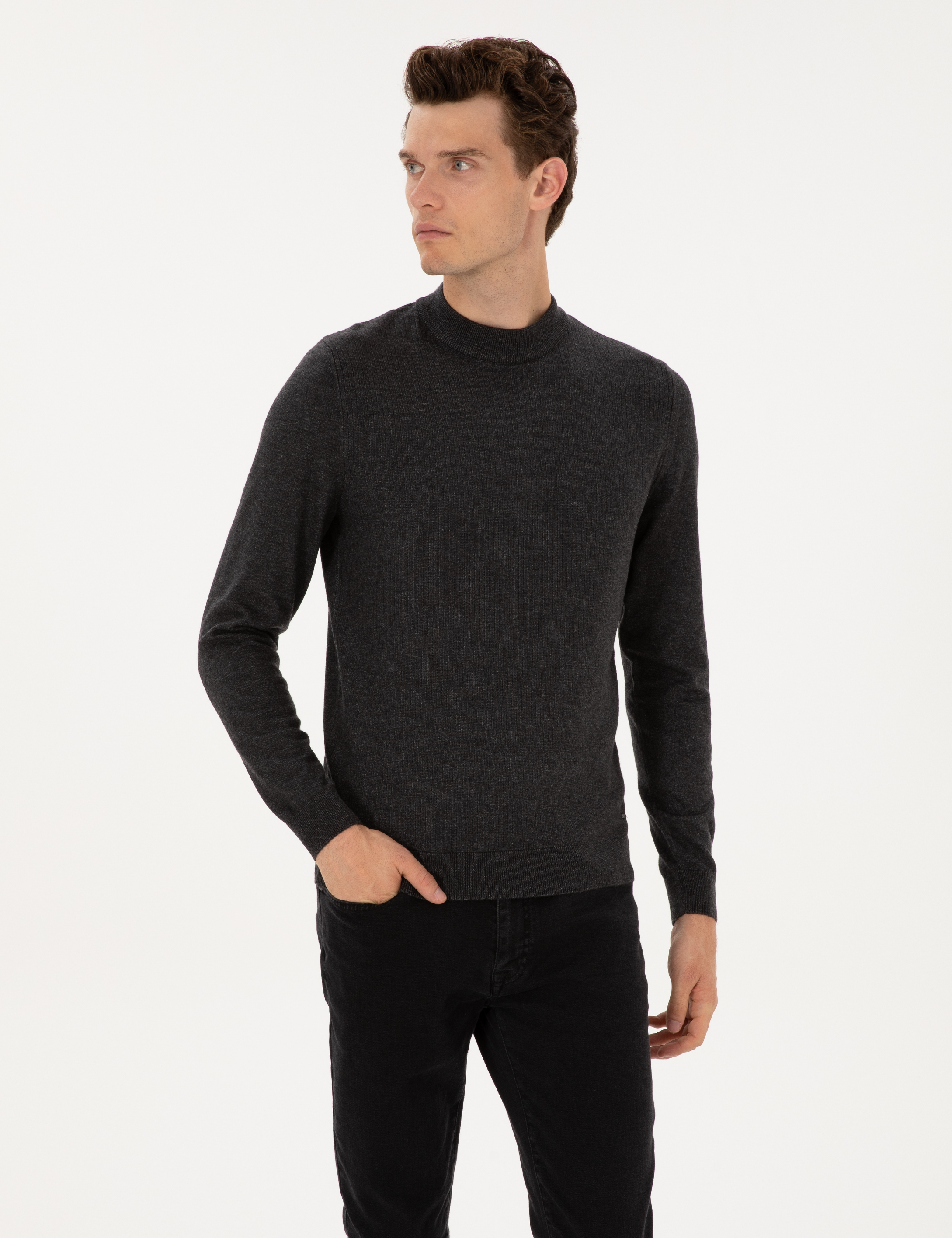 Antrasit Melanj Slim Fit Çeyrek Yaka Triko Kazak