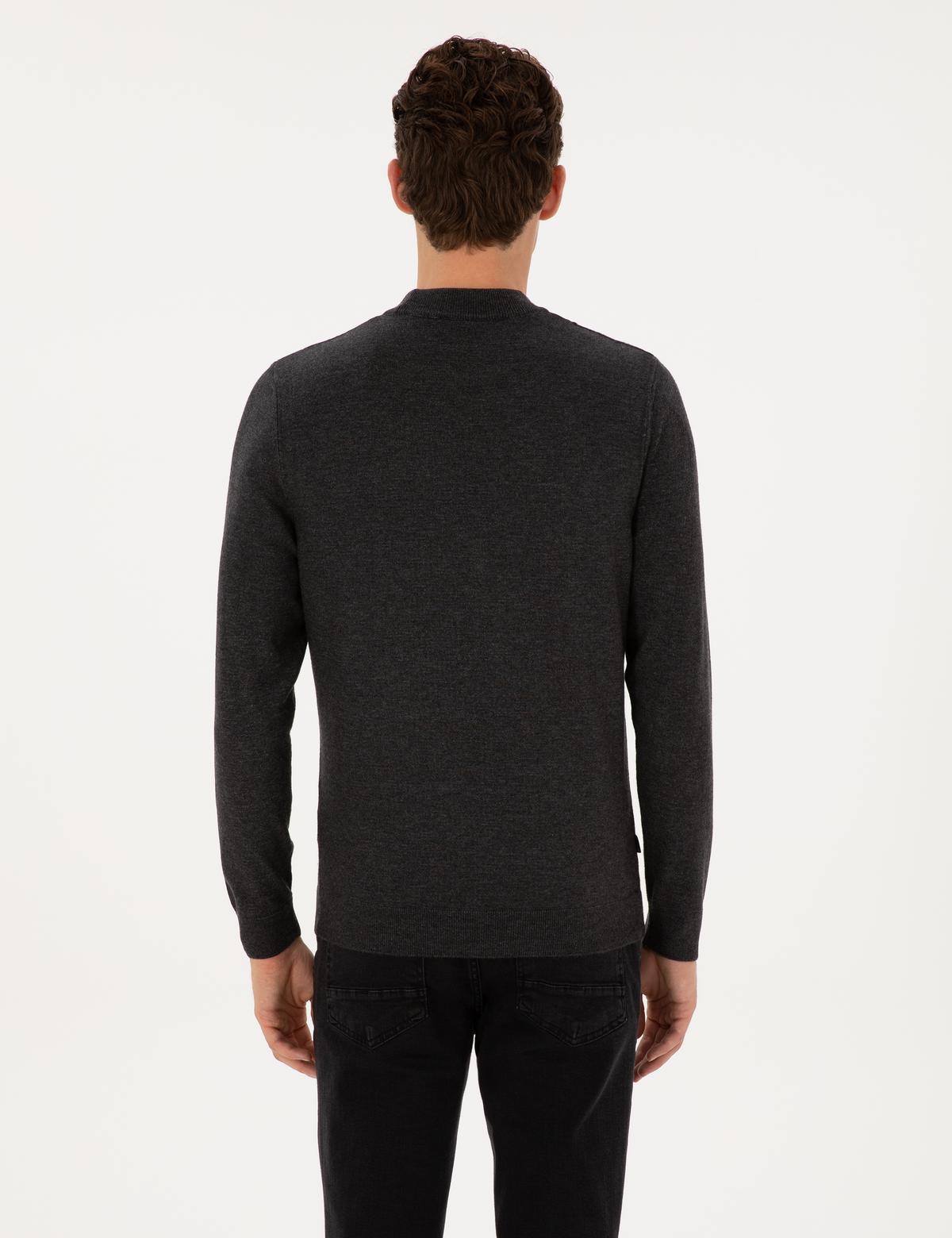 Antrasit Melanj Slim Fit Çeyrek Yaka Triko Kazak - 50315728023