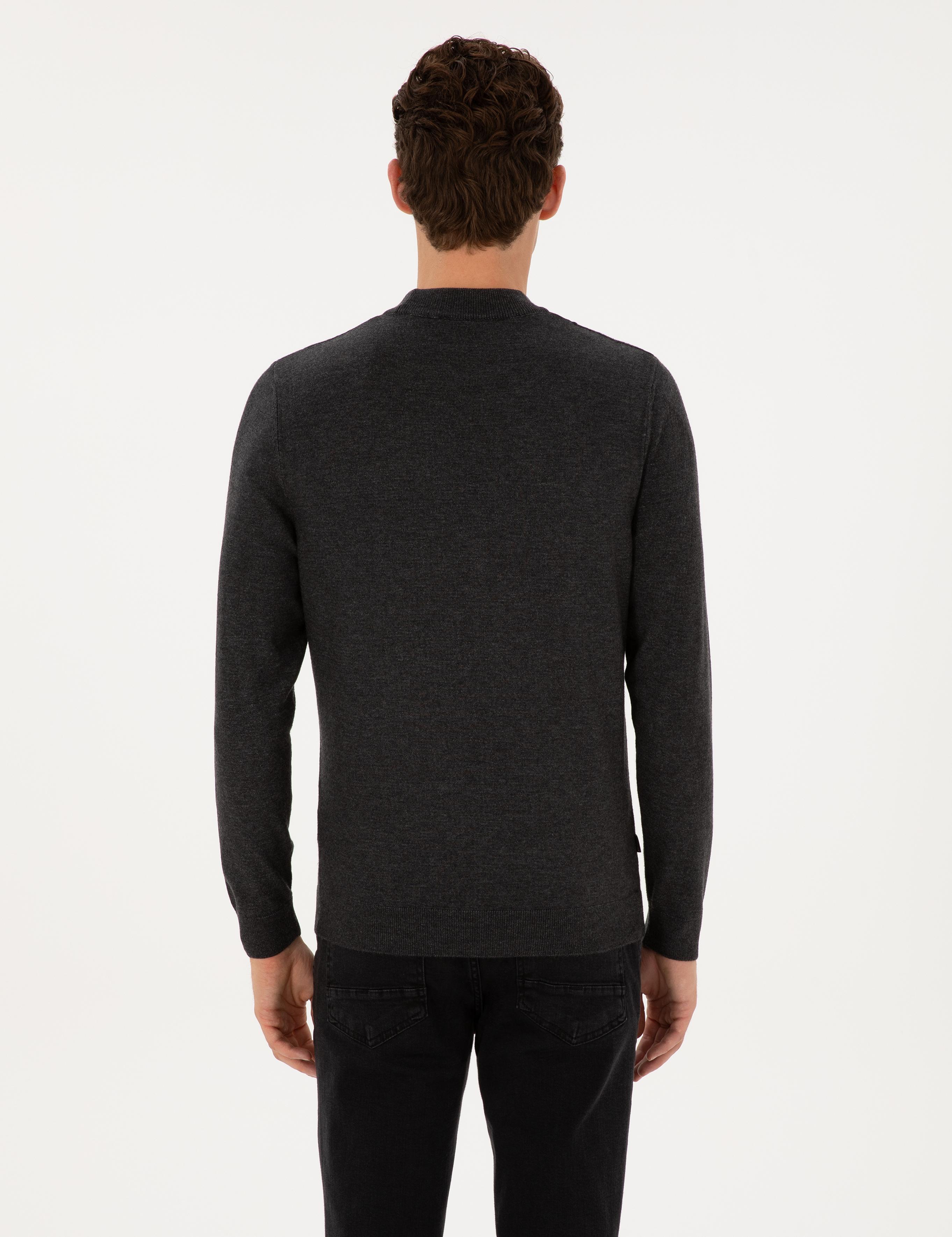 Antrasit Melanj Slim Fit Çeyrek Yaka Triko Kazak