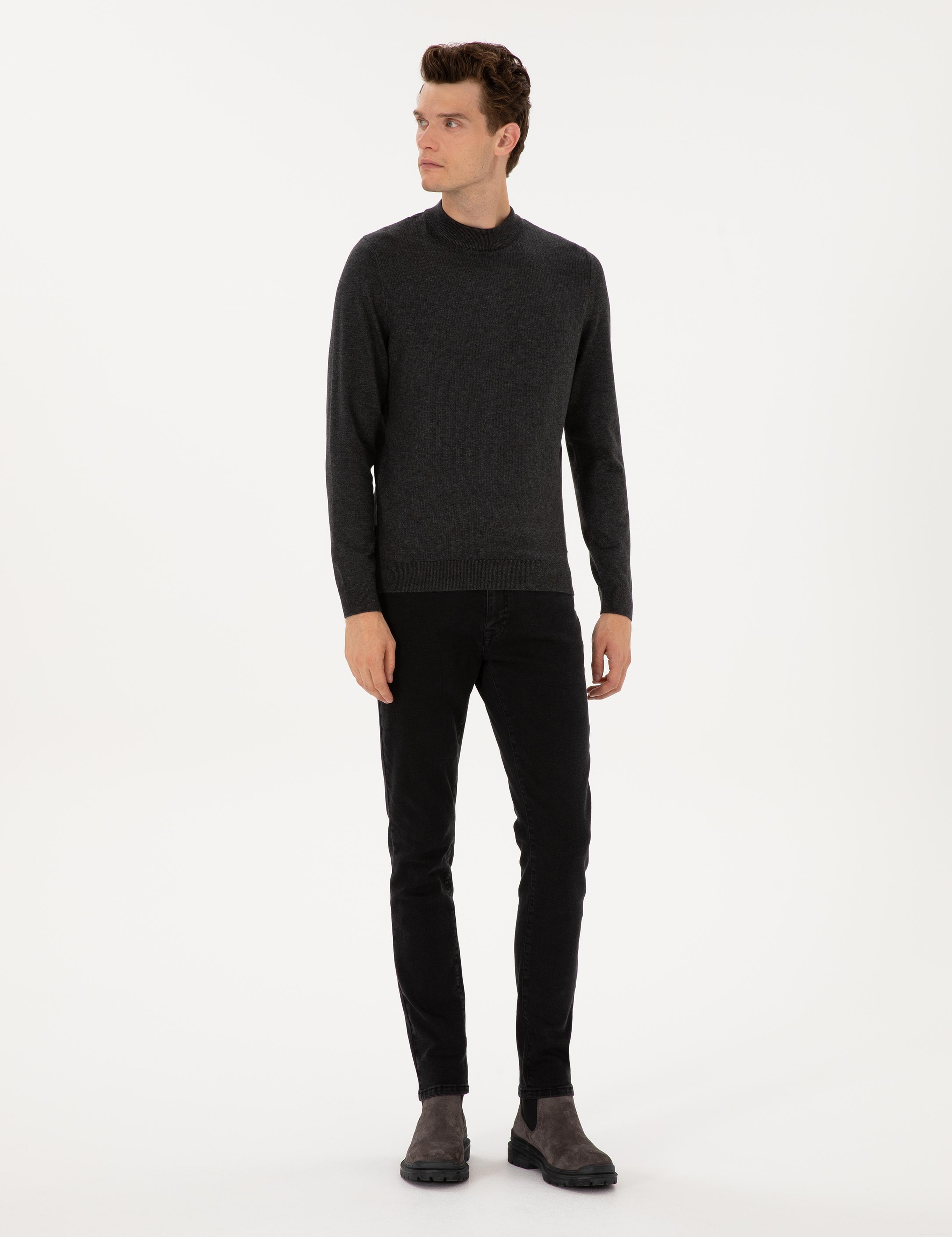 Antrasit Melanj Slim Fit Çeyrek Yaka Triko Kazak