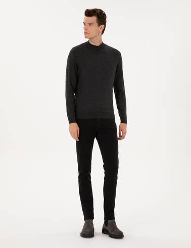 Antrasit Melanj Slim Fit Çeyrek Yaka Triko Kazak