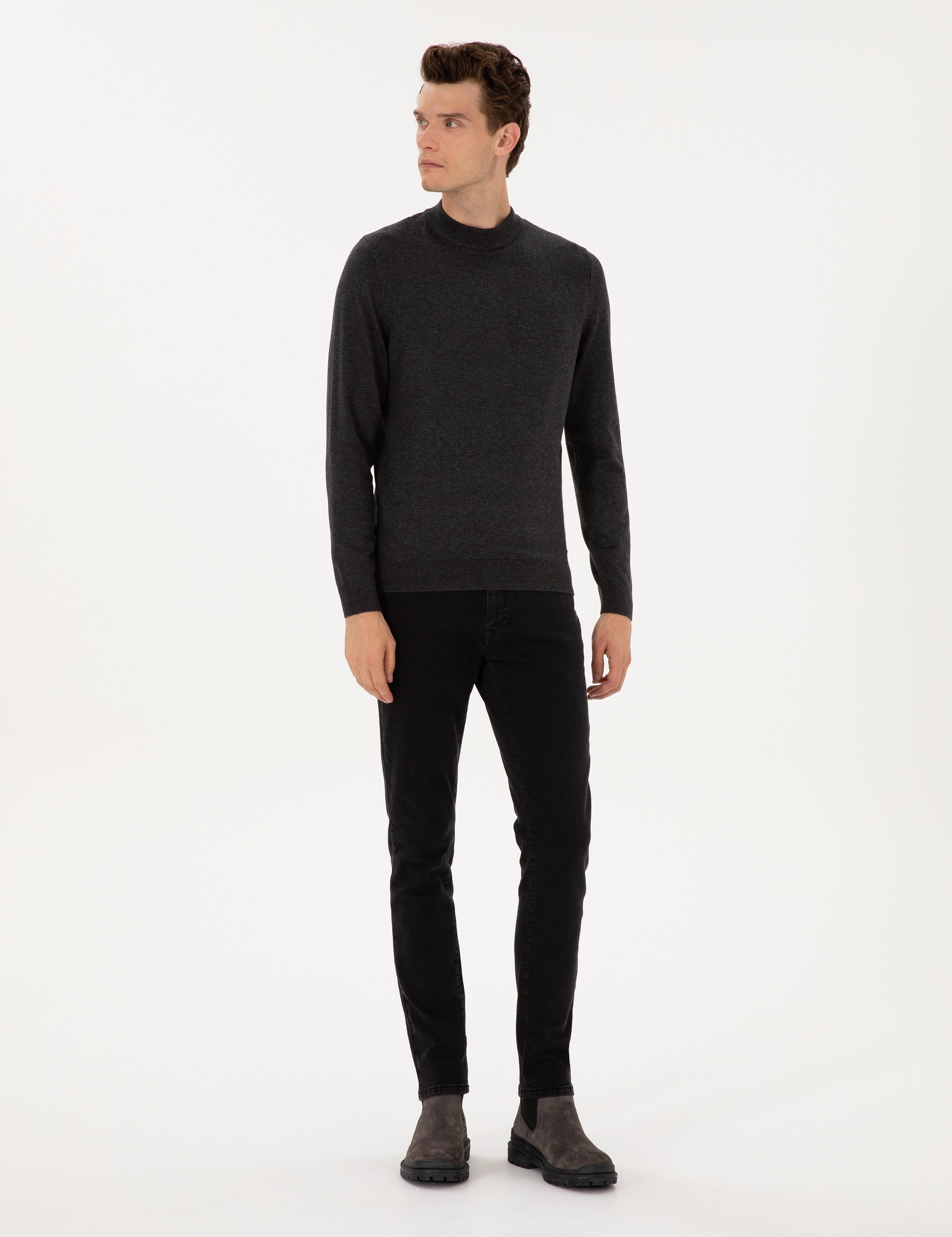 Antrasit Melanj Slim Fit Çeyrek Yaka Triko Kazak - Image 4