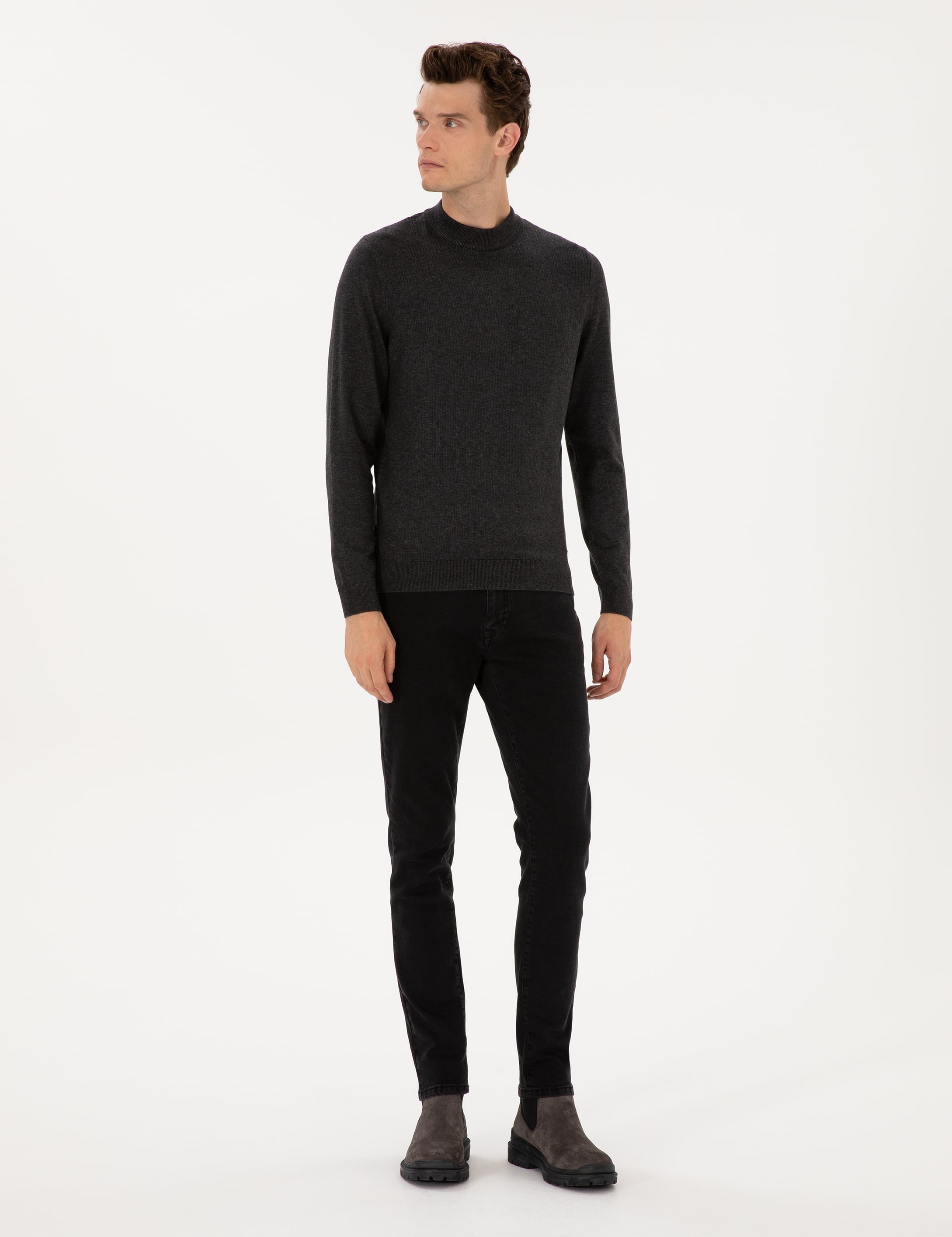 Antrasit Melanj Slim Fit Çeyrek Yaka Triko Kazak
