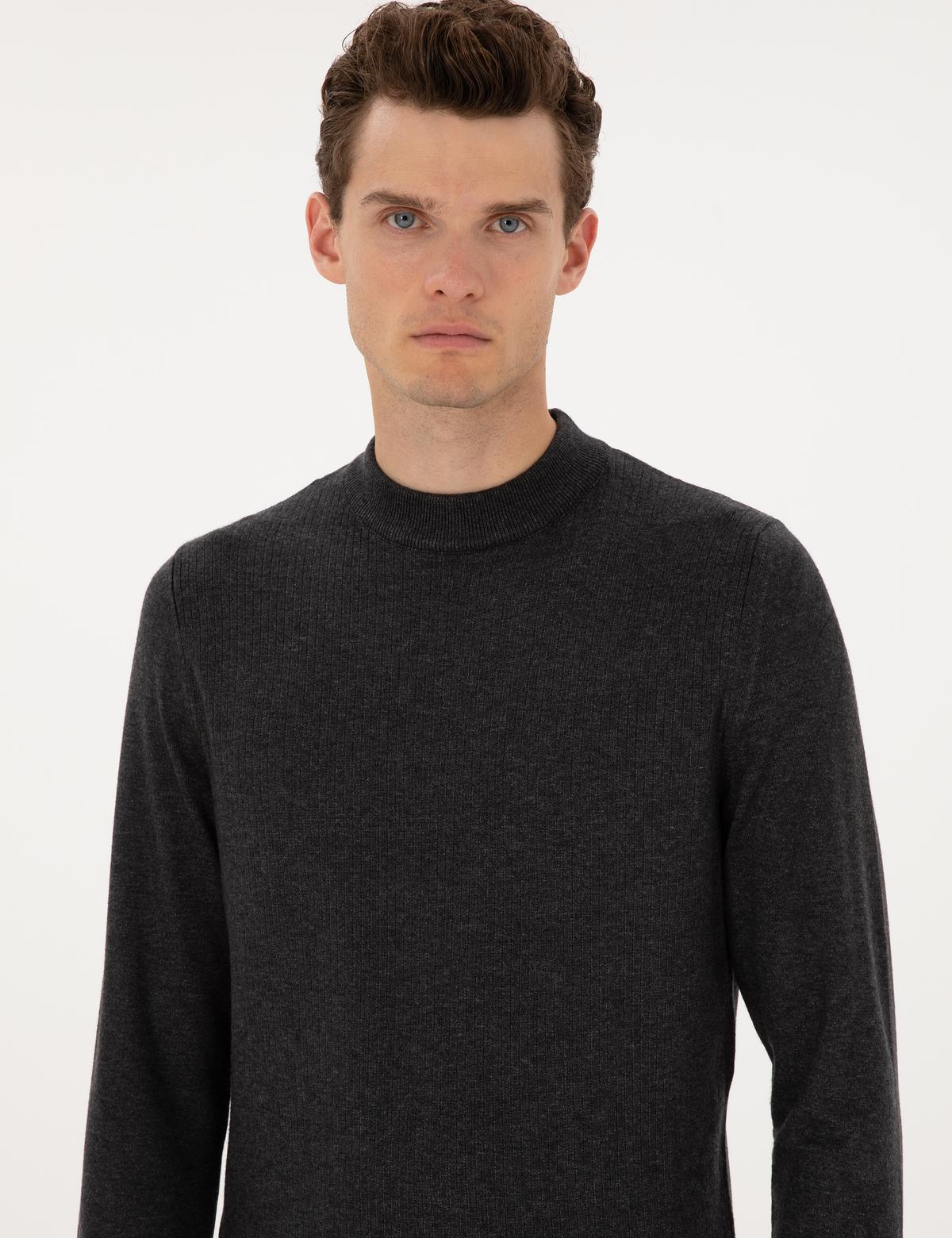 Antrasit Melanj Slim Fit Çeyrek Yaka Triko Kazak - 50315728023