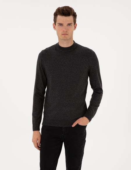 Antrasit Melanj Slim Fit Çeyrek Yaka Triko Kazak - 50315728023