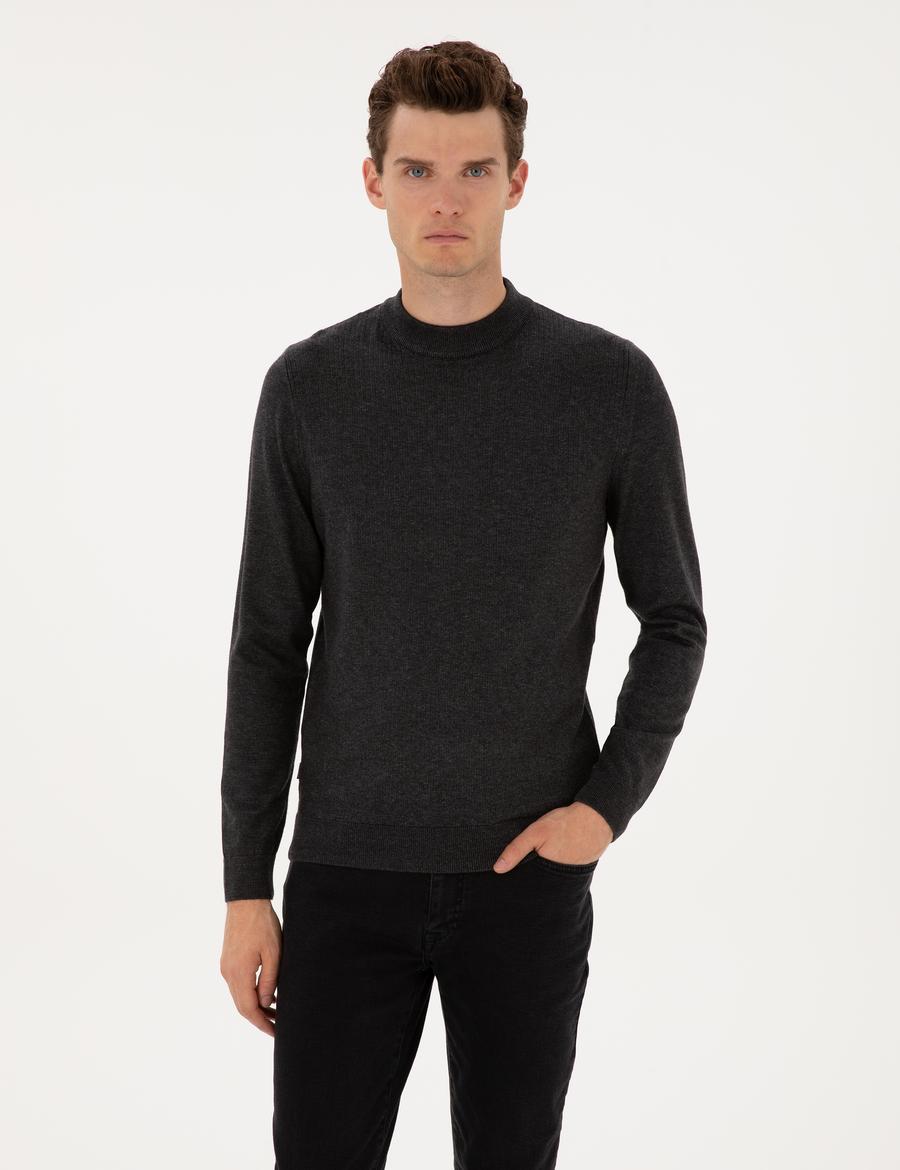 Antrasit Melanj Slim Fit Çeyrek Yaka Triko Kazak