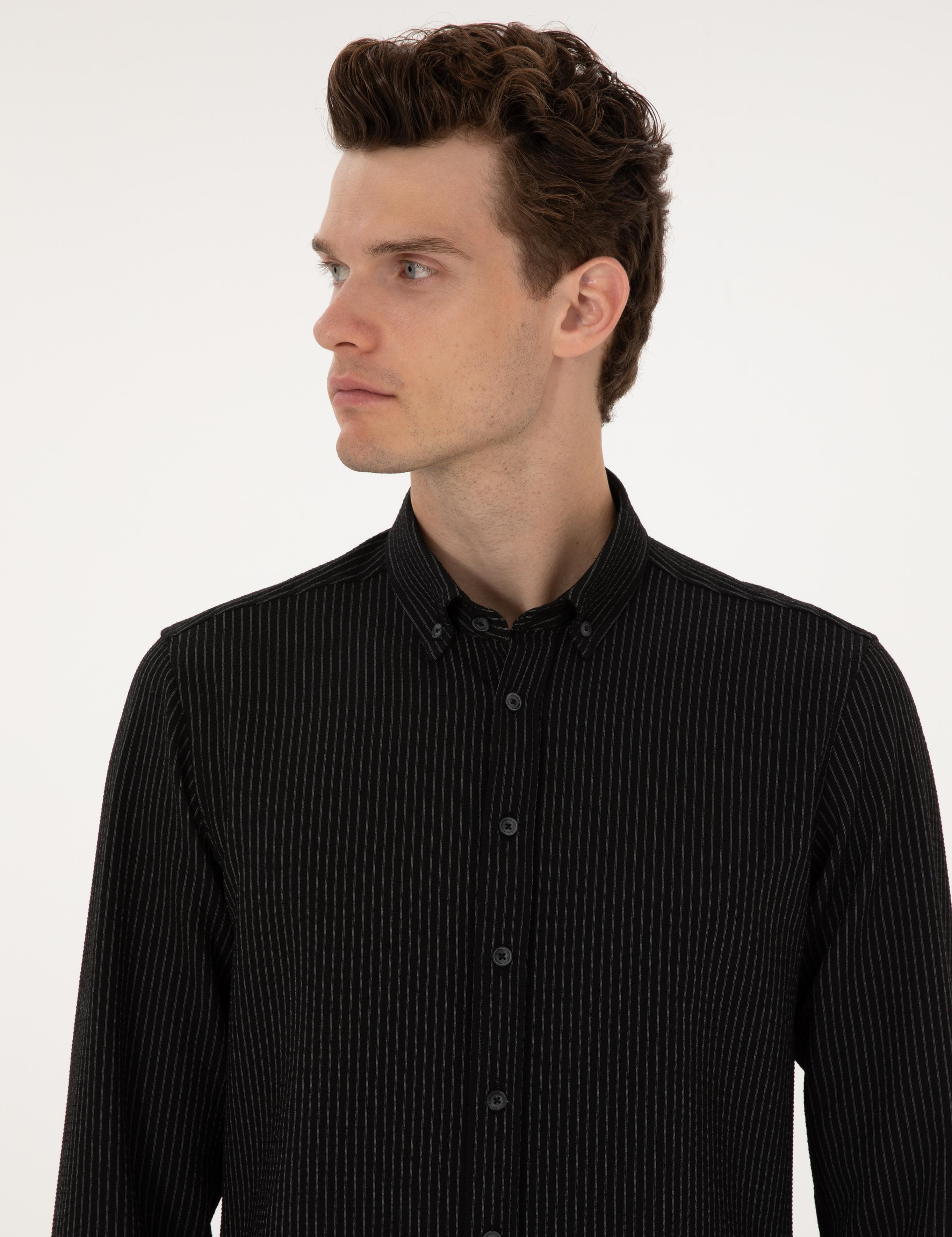 Siyah Çizgi Baskılı Slim Fit Uzun Kollu Gömlek