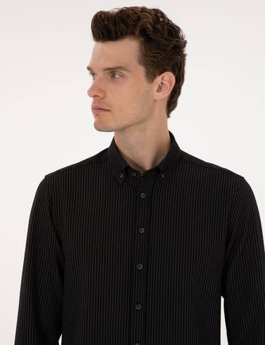Siyah Çizgi Baskılı Slim Fit Uzun Kollu Gömlek