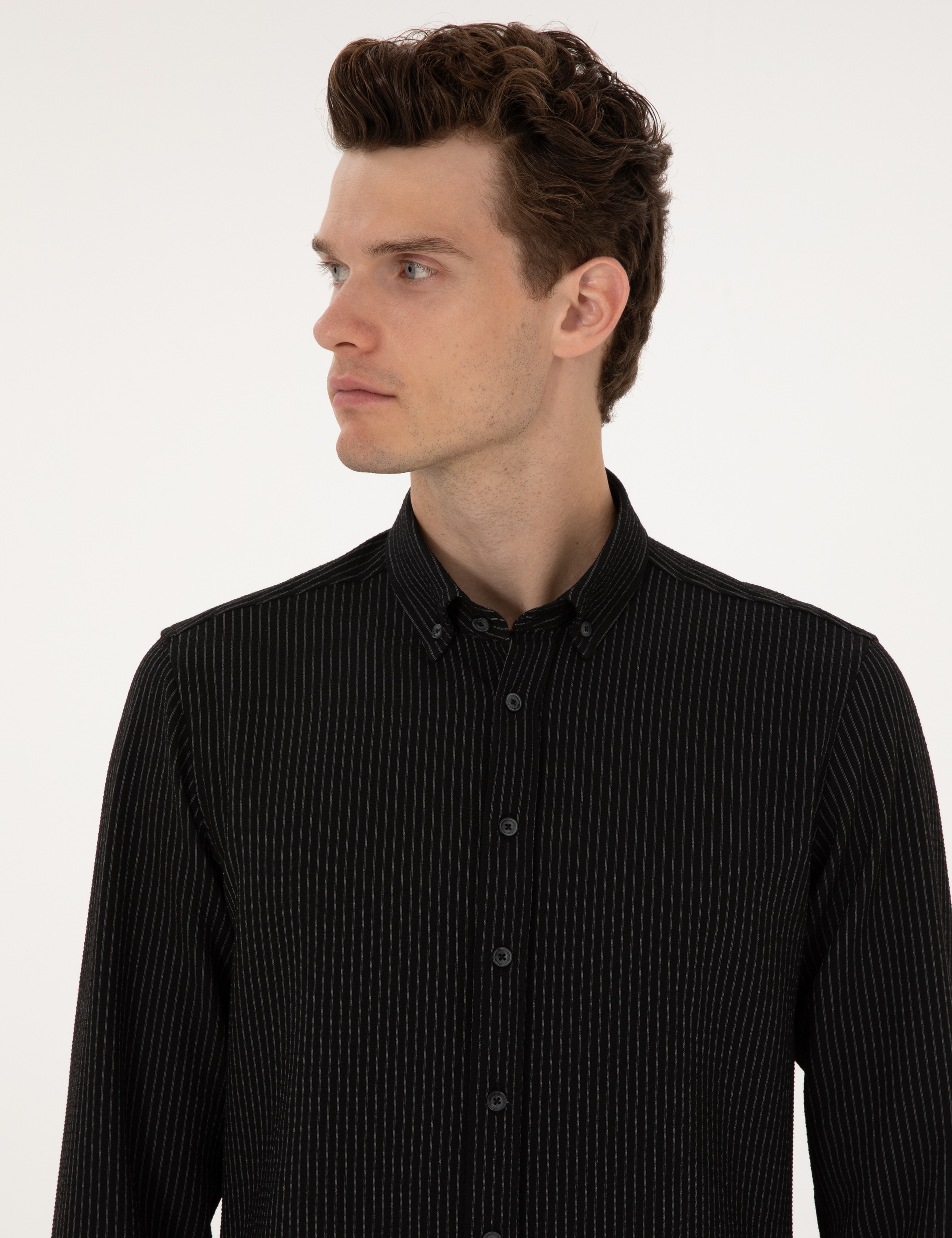 Siyah Çizgi Baskılı Slim Fit Uzun Kollu Gömlek - Image 2