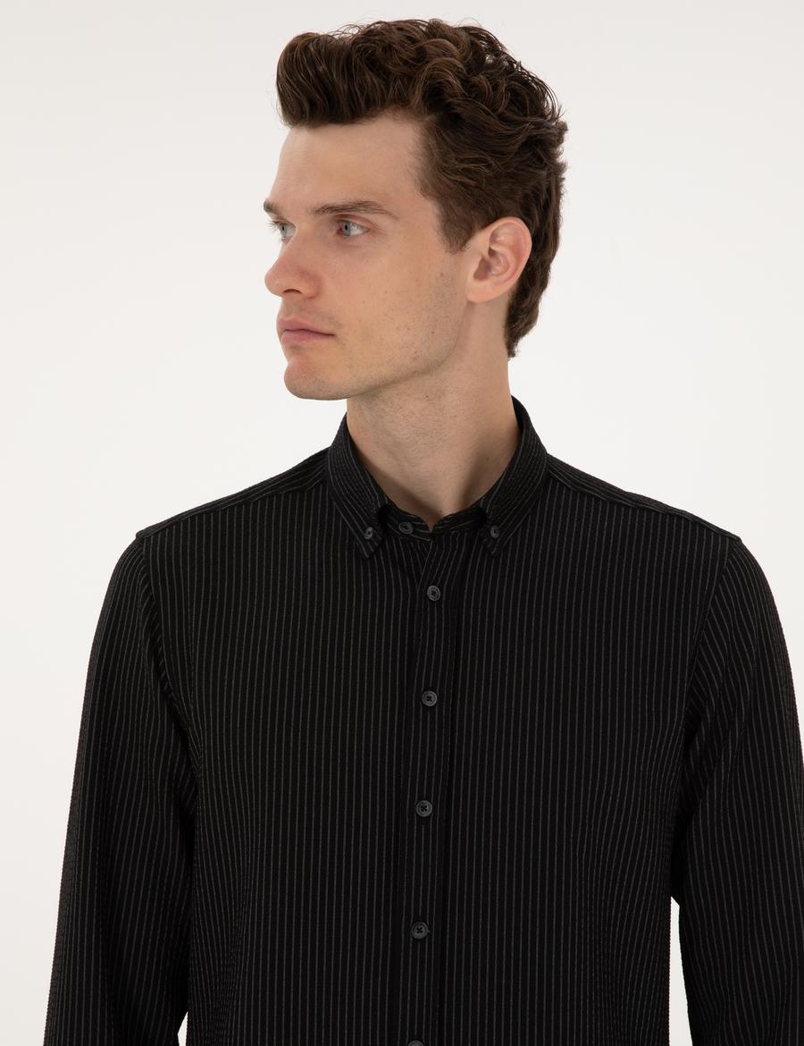 Siyah Çizgi Baskılı Slim Fit Uzun Kollu Gömlek