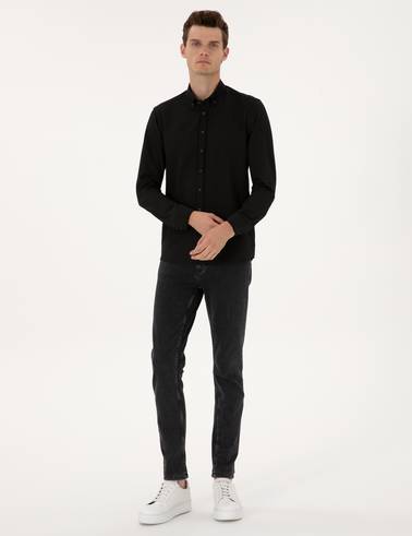 Siyah Çizgi Baskılı Slim Fit Uzun Kollu Gömlek