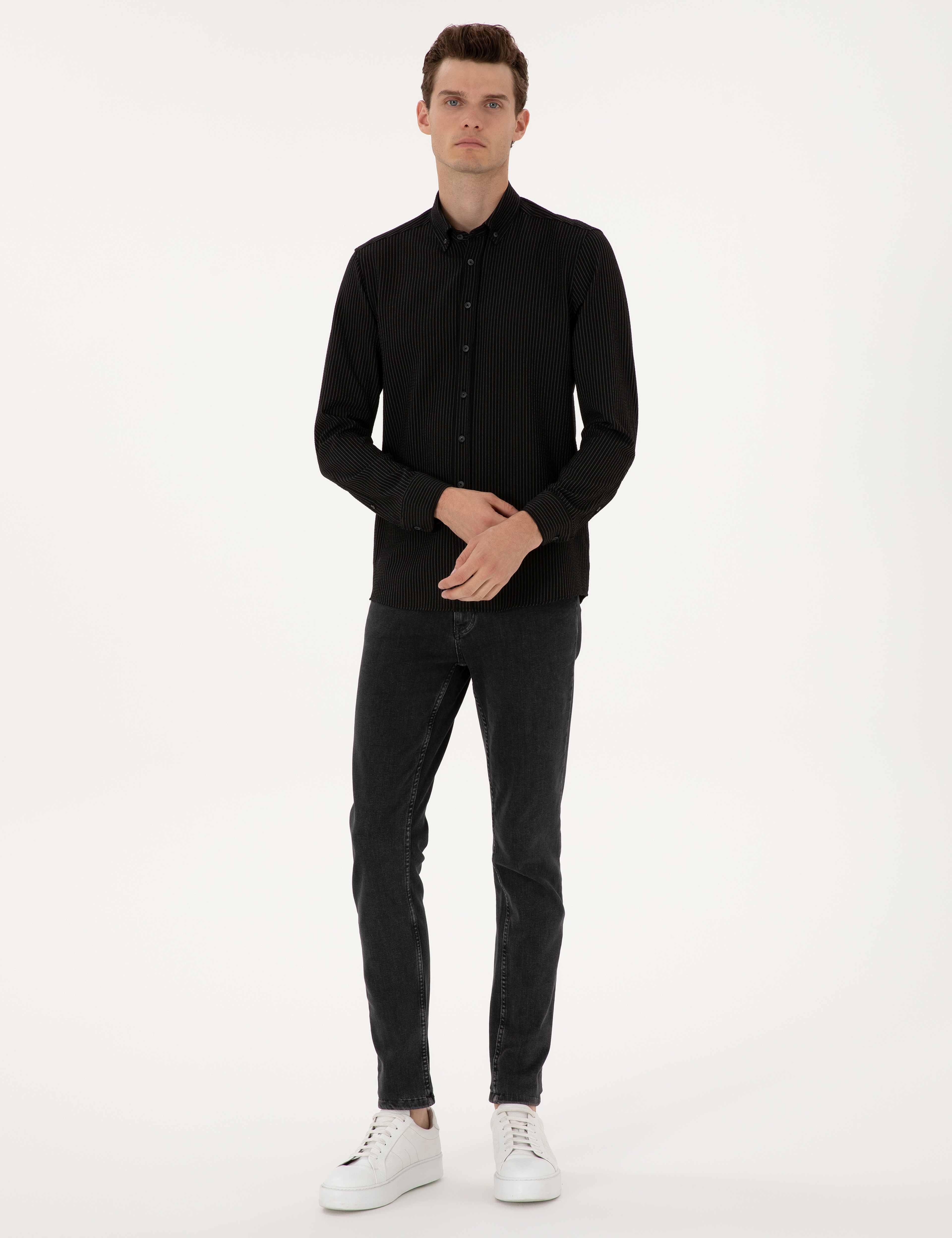 Siyah Çizgi Baskılı Slim Fit Uzun Kollu Gömlek - Image 4