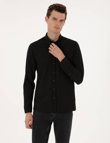 Siyah Çizgi Baskılı Slim Fit Uzun Kollu Gömlek