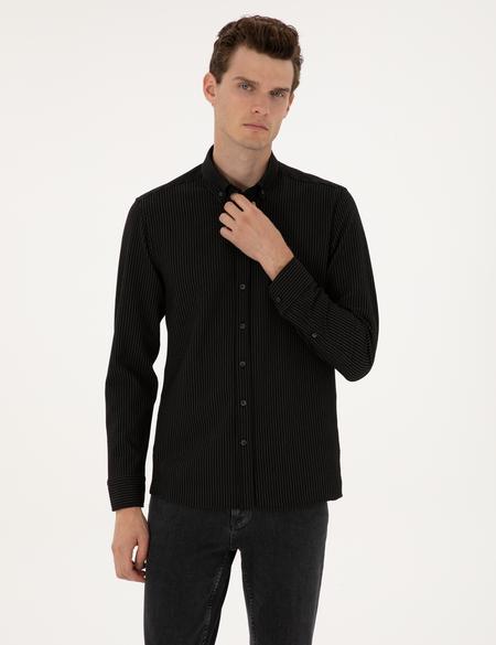 Siyah Çizgi Baskılı Slim Fit Uzun Kollu Gömlek - 50311110001