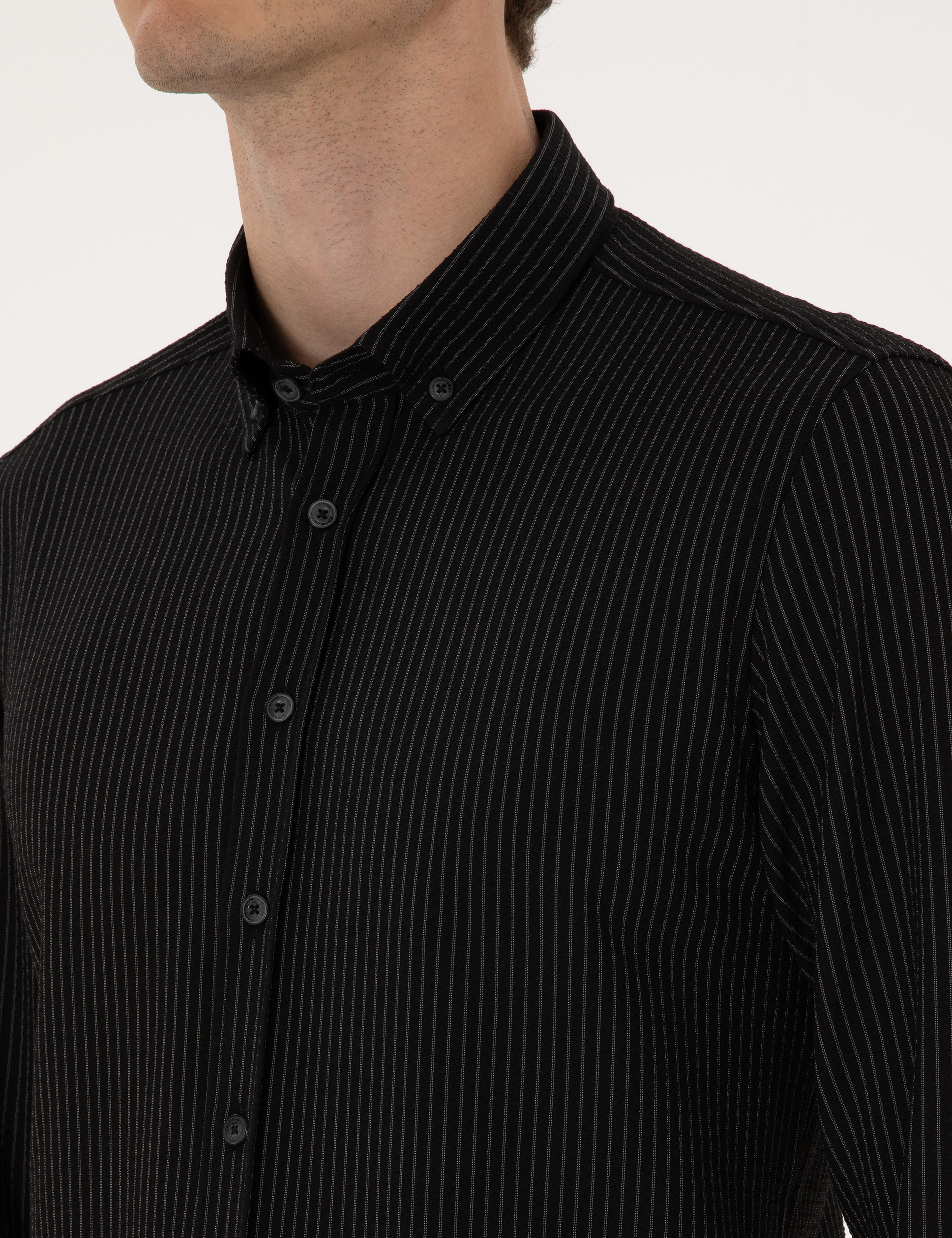 Siyah Çizgi Baskılı Slim Fit Uzun Kollu Gömlek - Image 7