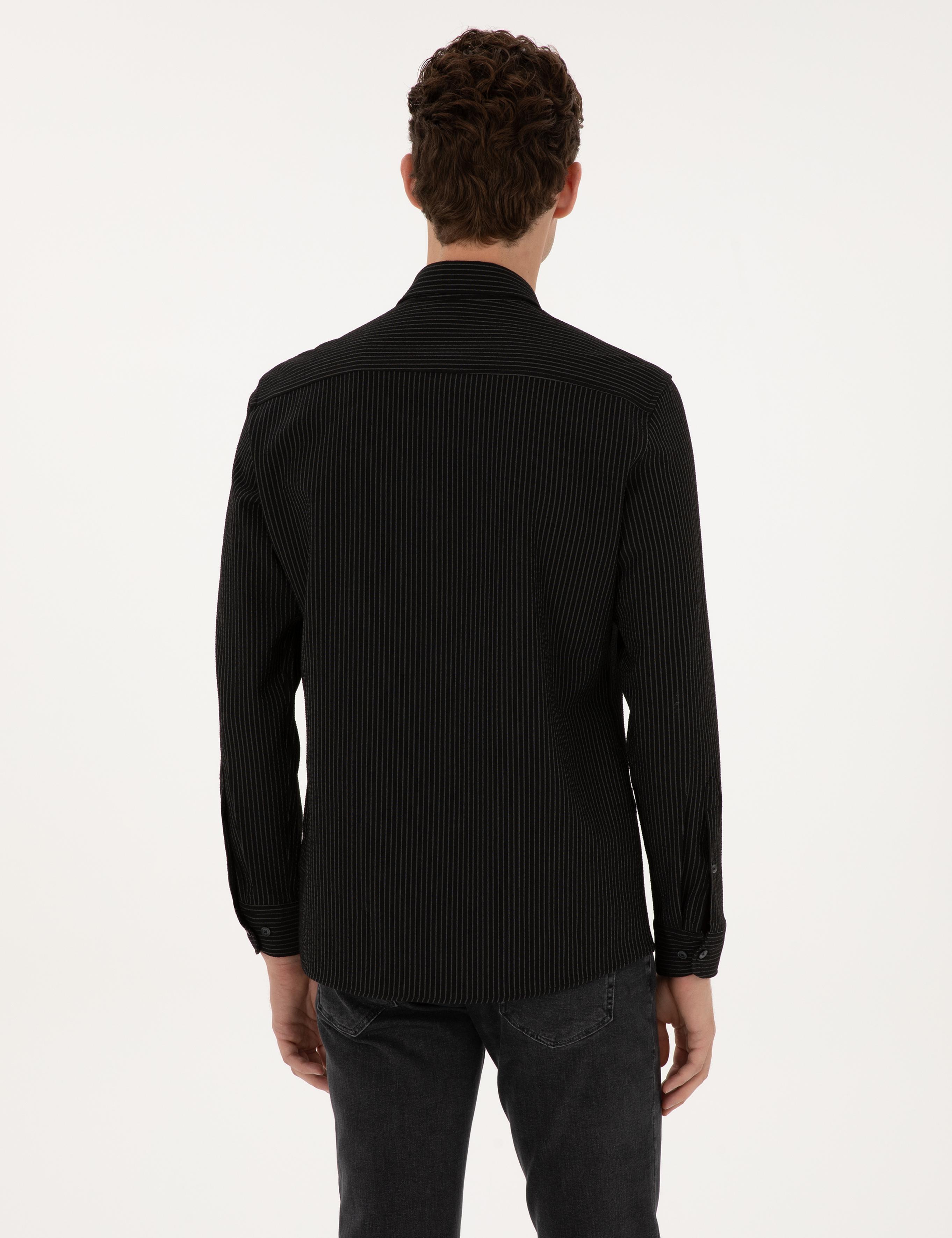 Siyah Çizgi Baskılı Slim Fit Uzun Kollu Gömlek