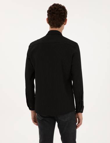 Siyah Çizgi Baskılı Slim Fit Uzun Kollu Gömlek