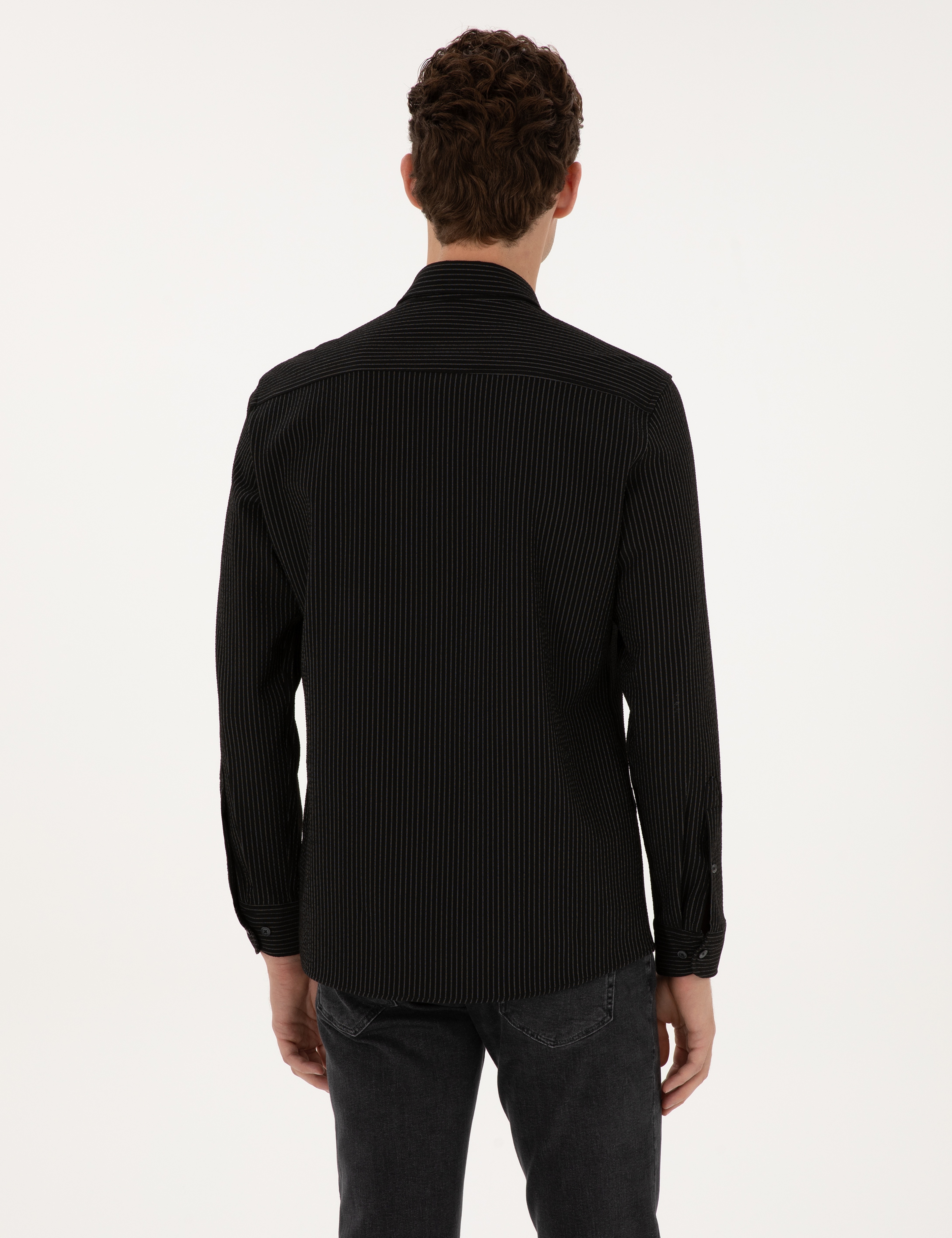 Siyah Çizgi Baskılı Slim Fit Uzun Kollu Gömlek - Image 5