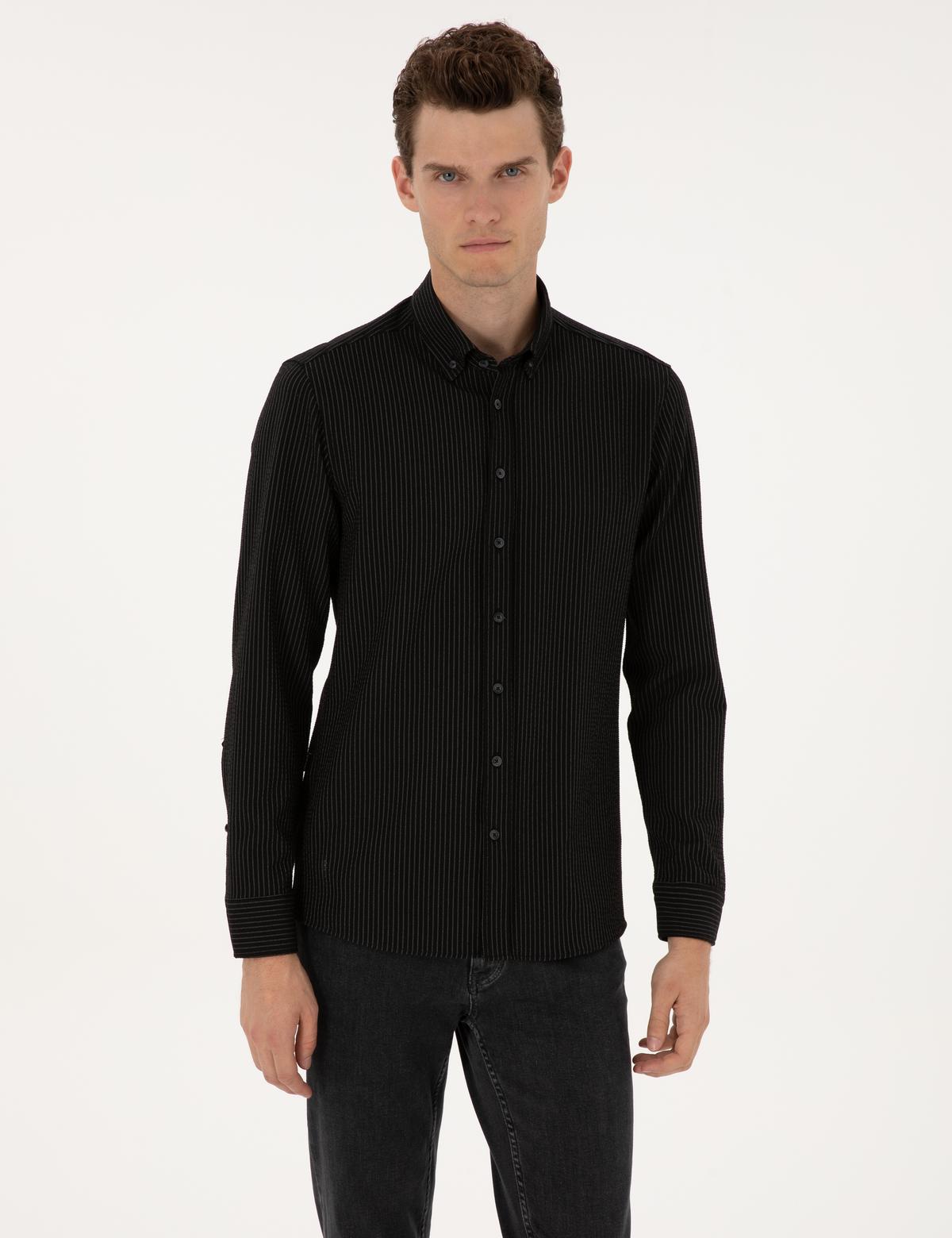 Siyah Çizgi Baskılı Slim Fit Uzun Kollu Gömlek