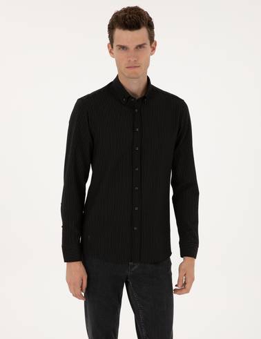 Siyah Çizgi Baskılı Slim Fit Uzun Kollu Gömlek