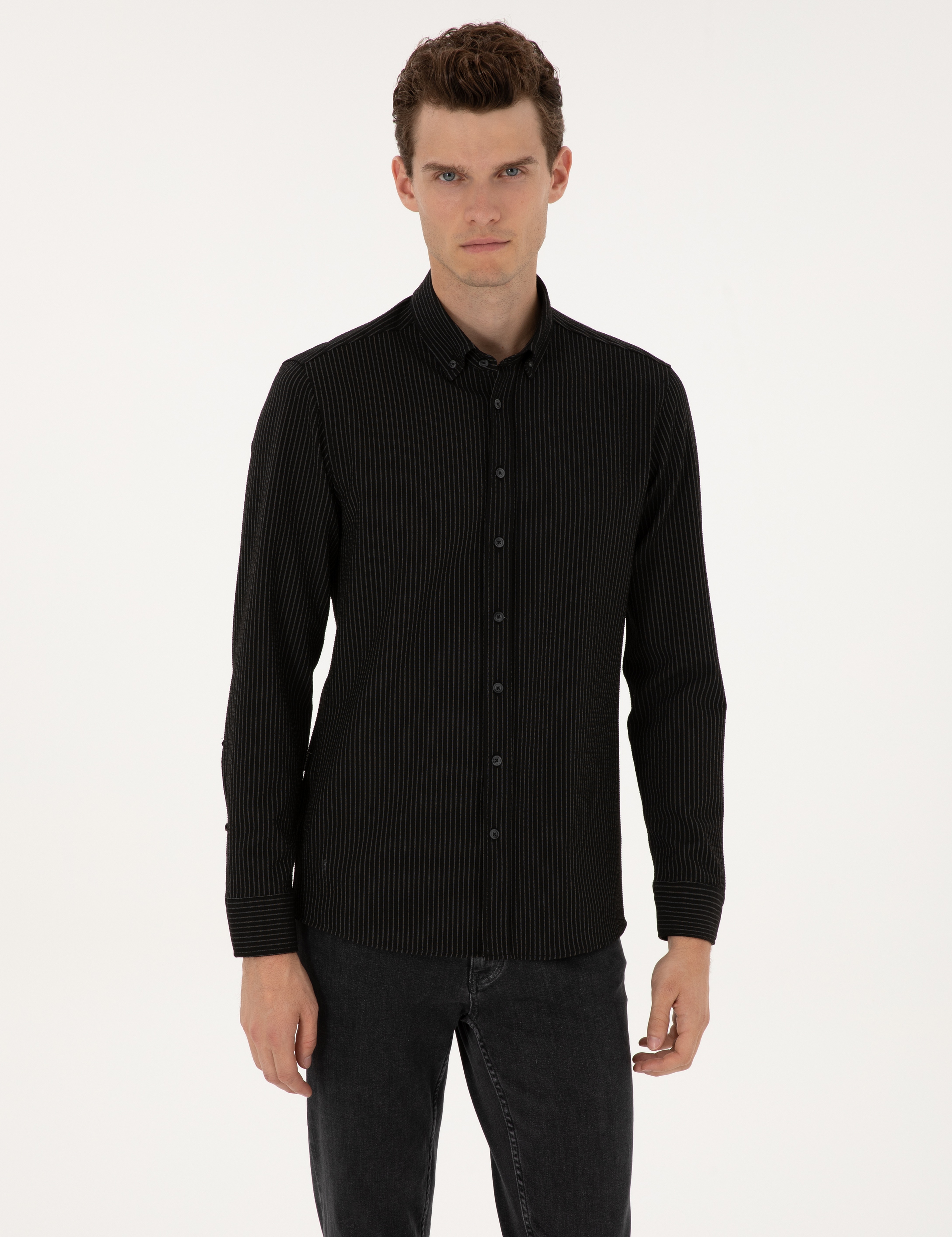Siyah Çizgi Baskılı Slim Fit Uzun Kollu Gömlek - Image 1