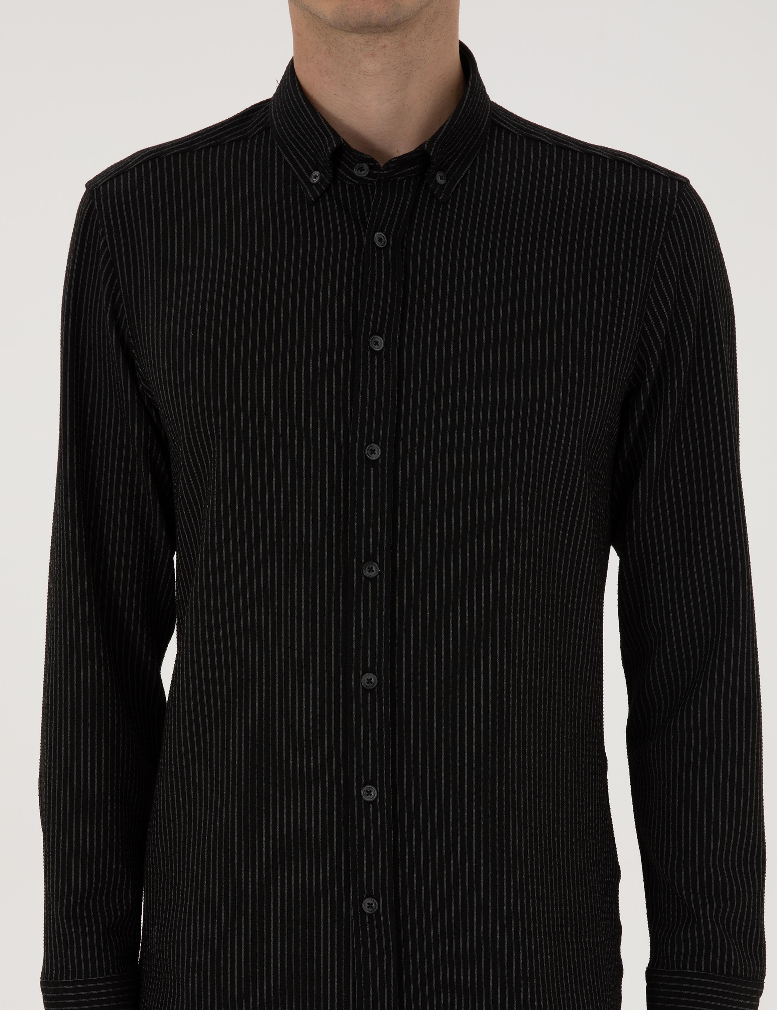 Siyah Çizgi Baskılı Slim Fit Uzun Kollu Gömlek