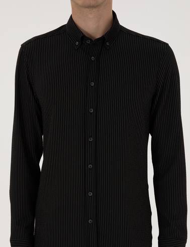Siyah Çizgi Baskılı Slim Fit Uzun Kollu Gömlek