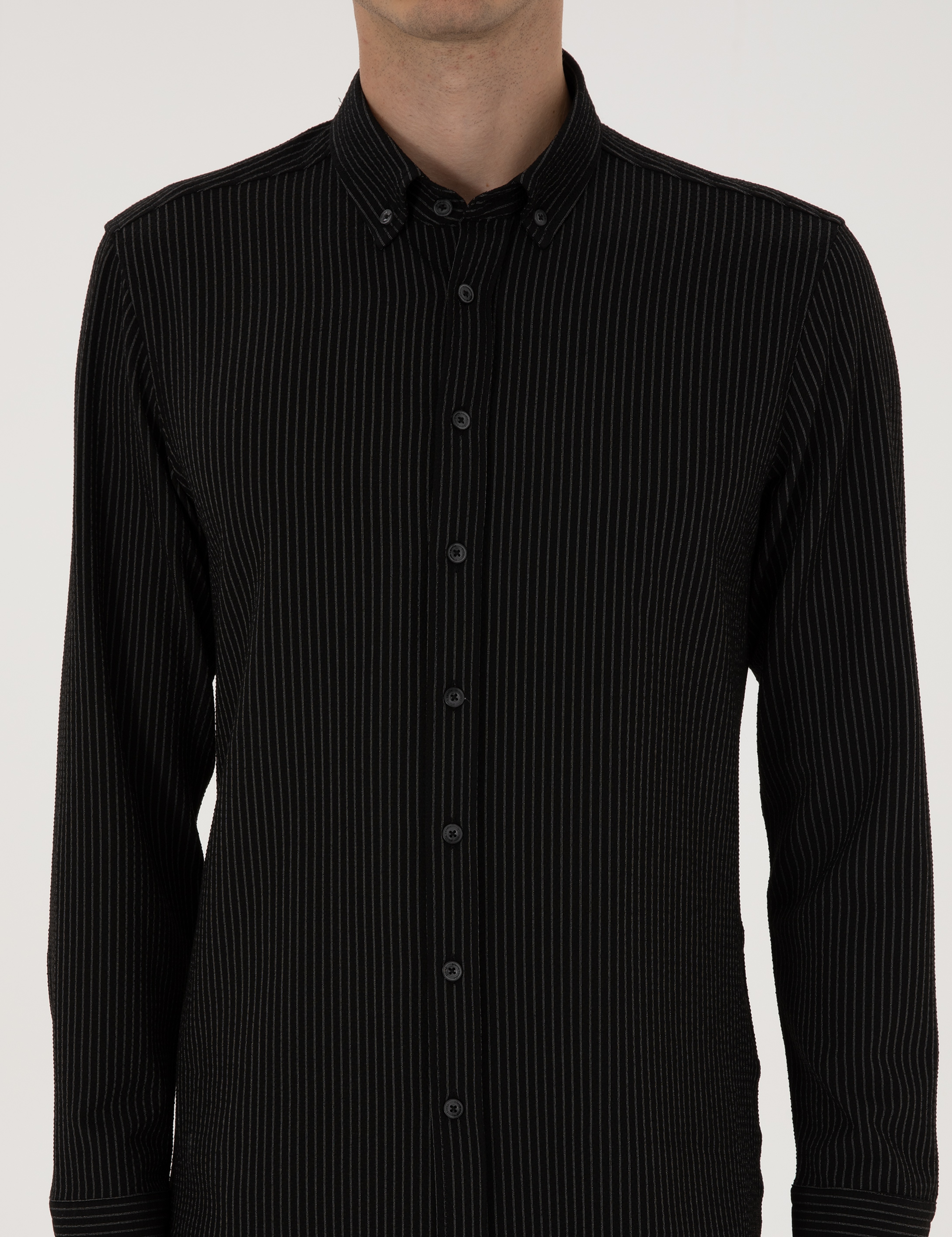Siyah Çizgi Baskılı Slim Fit Uzun Kollu Gömlek - Image 6