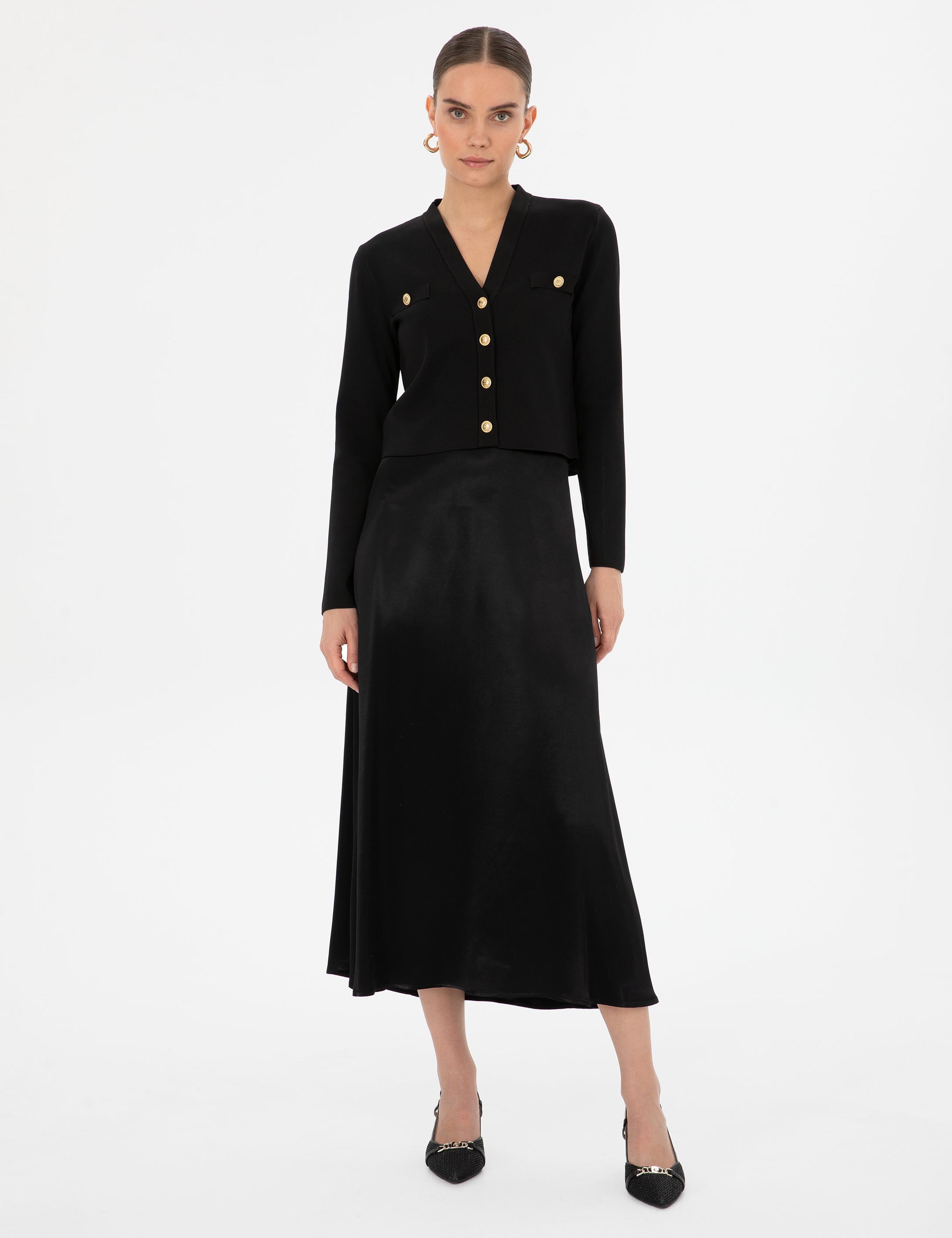 Siyah A Kesim Saten Dokuma Etek