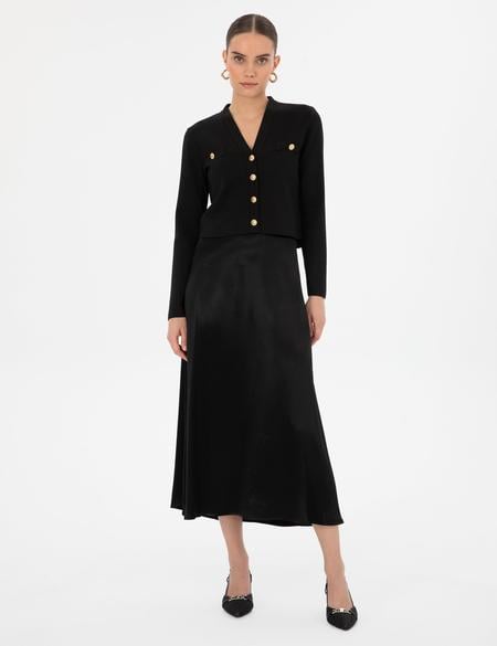 Siyah A Kesim Saten Dokuma Etek - 50318241017