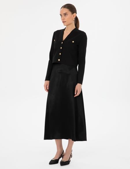 Siyah A Kesim Saten Dokuma Etek - 50318241017