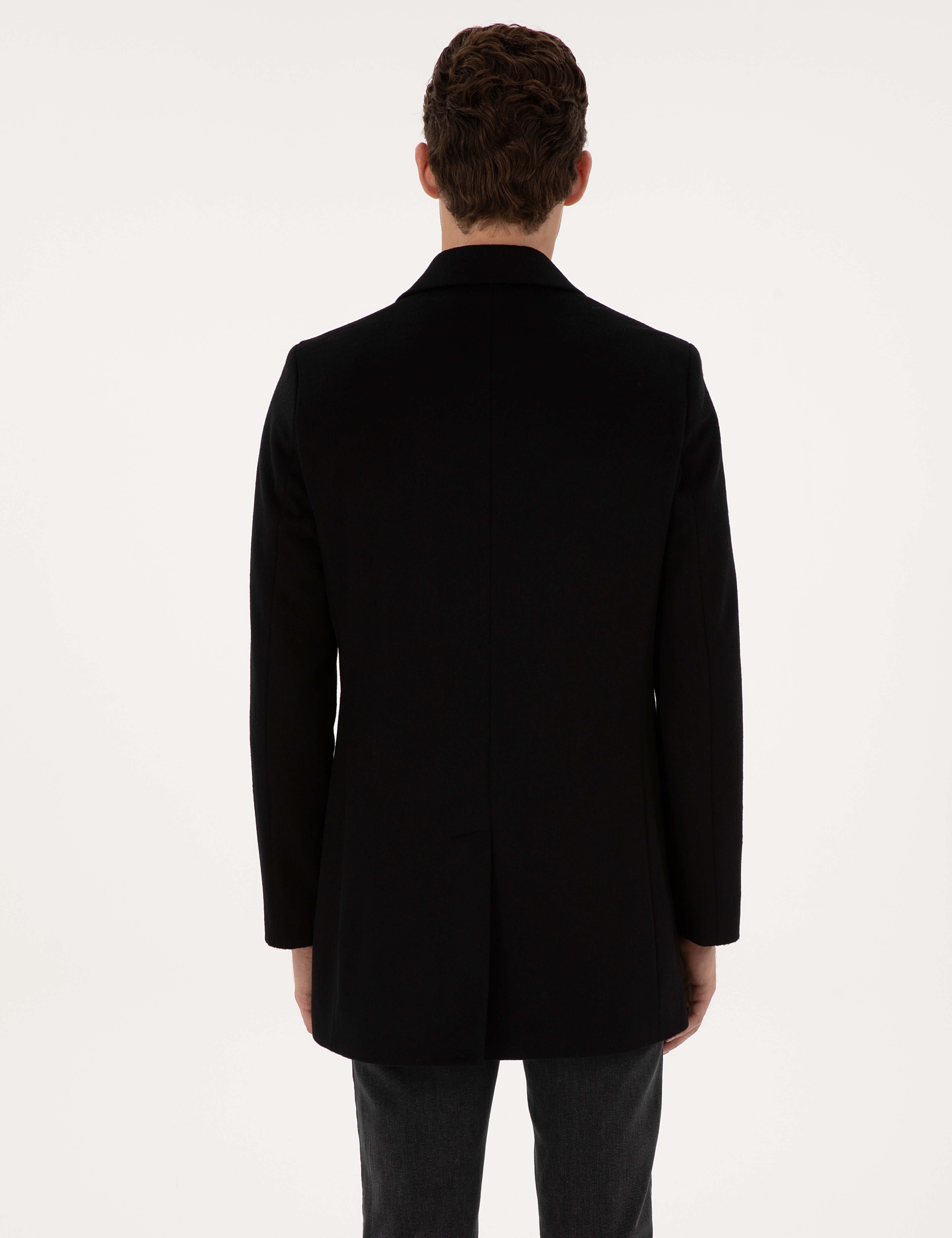 Siyah Ex. Slim Fit Yün Karışımlı Kaşe Kaban - Image 5