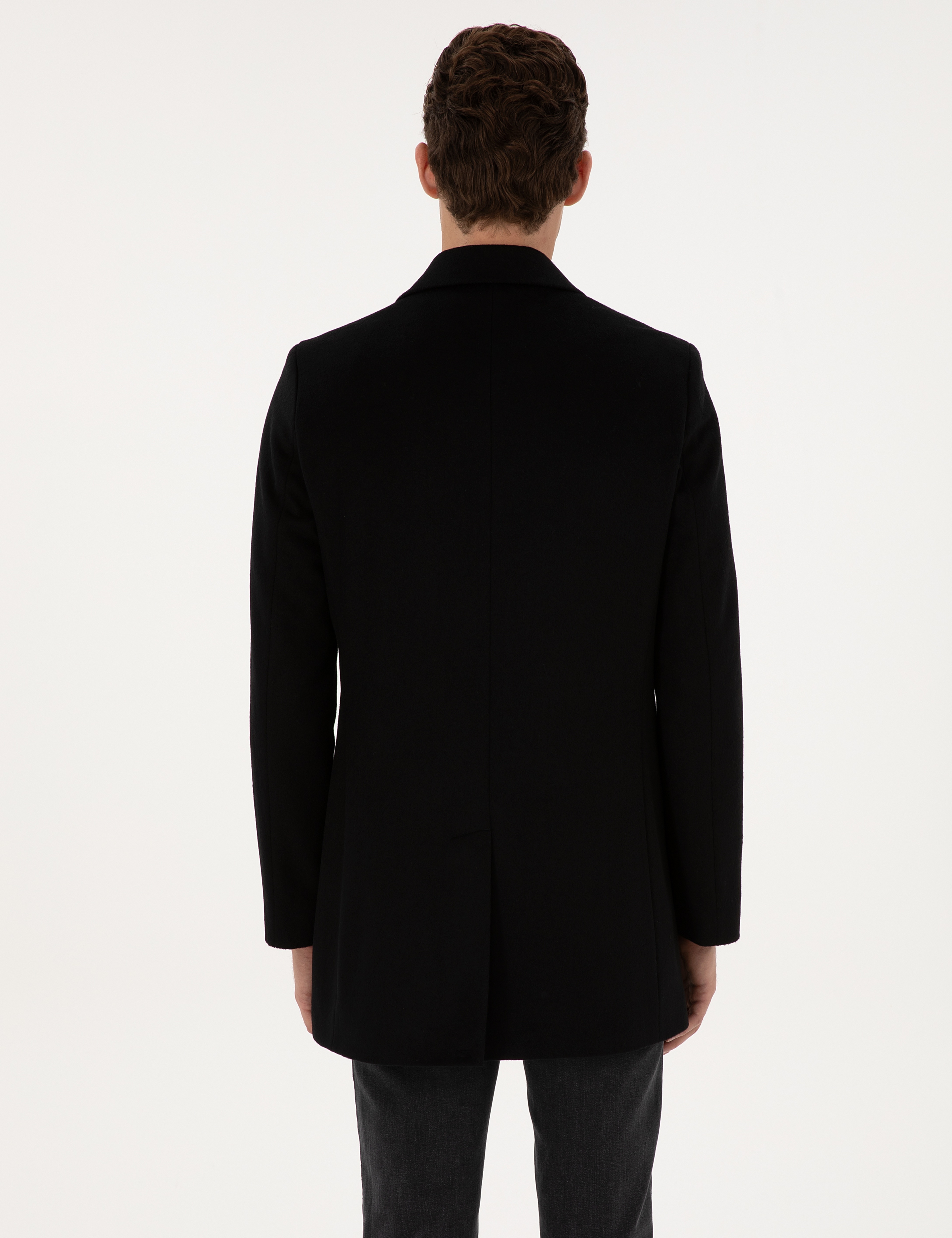 Siyah Ex. Slim Fit Yün Karışımlı Kaşe Kaban