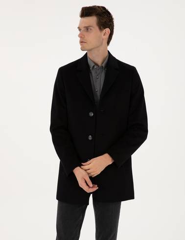 Siyah Ex. Slim Fit Yün Karışımlı Kaşe Kaban