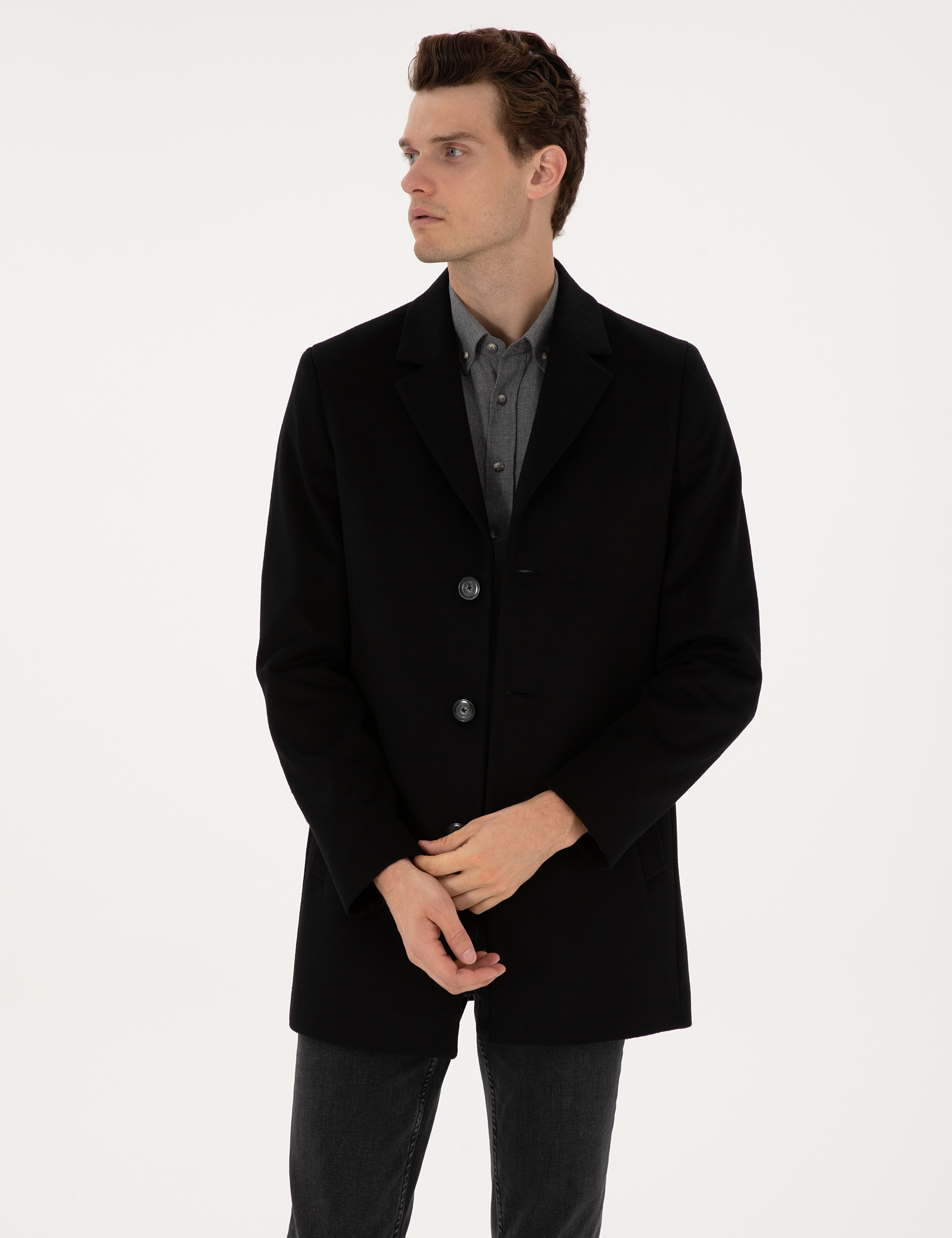 Siyah Ex. Slim Fit Yün Karışımlı Kaşe Kaban - Image 3