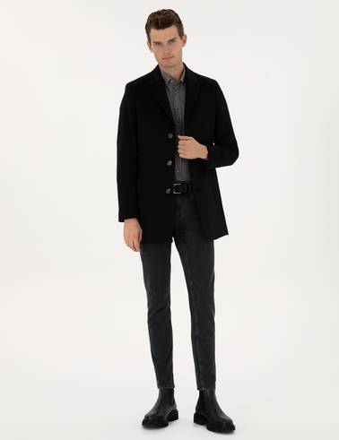 Siyah Ex. Slim Fit Yün Karışımlı Kaşe Kaban
