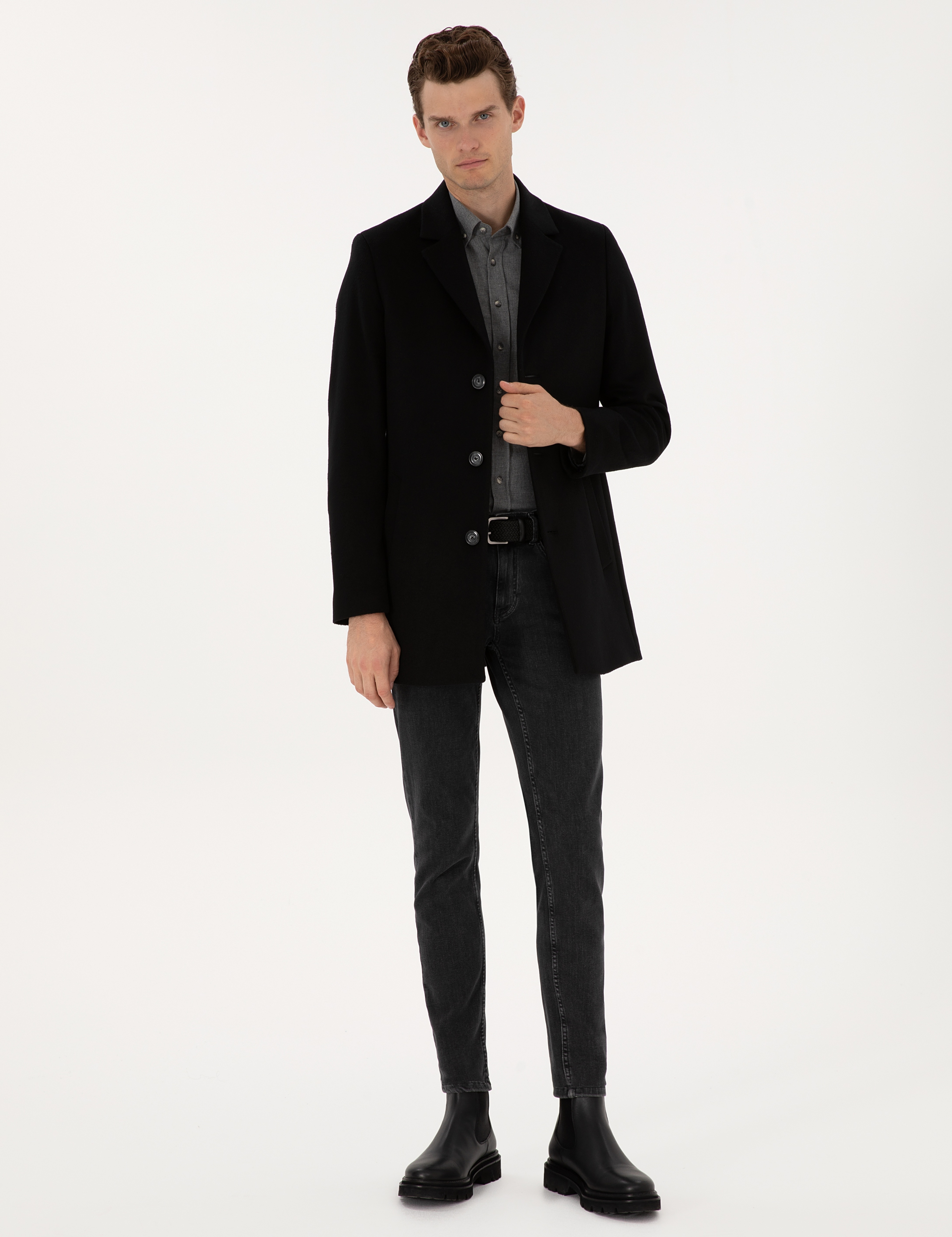 Siyah Ex. Slim Fit Yün Karışımlı Kaşe Kaban
