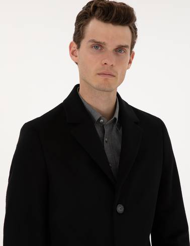 Siyah Ex. Slim Fit Yün Karışımlı Kaşe Kaban