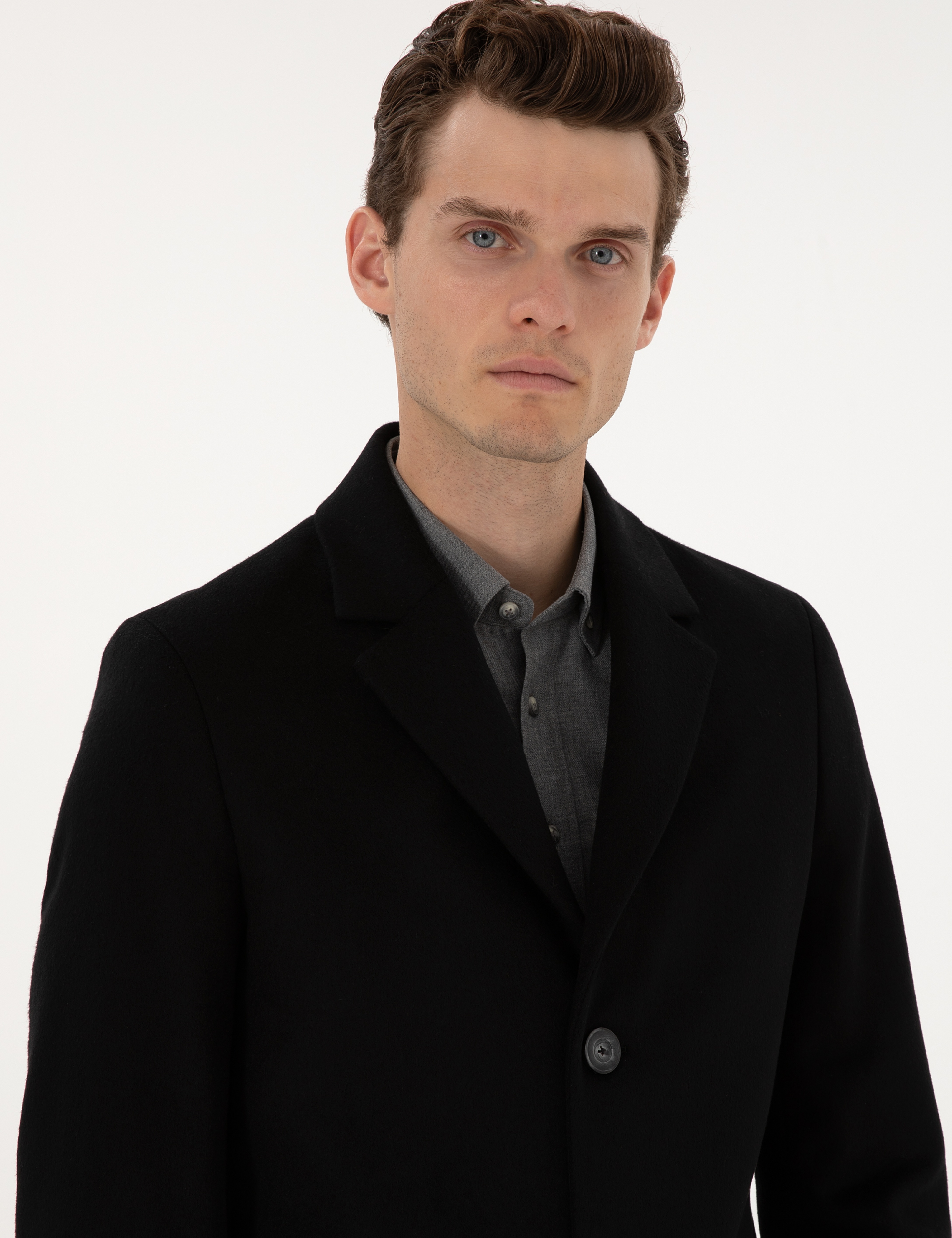 Siyah Ex. Slim Fit Yün Karışımlı Kaşe Kaban