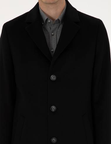 Siyah Ex. Slim Fit Yün Karışımlı Kaşe Kaban