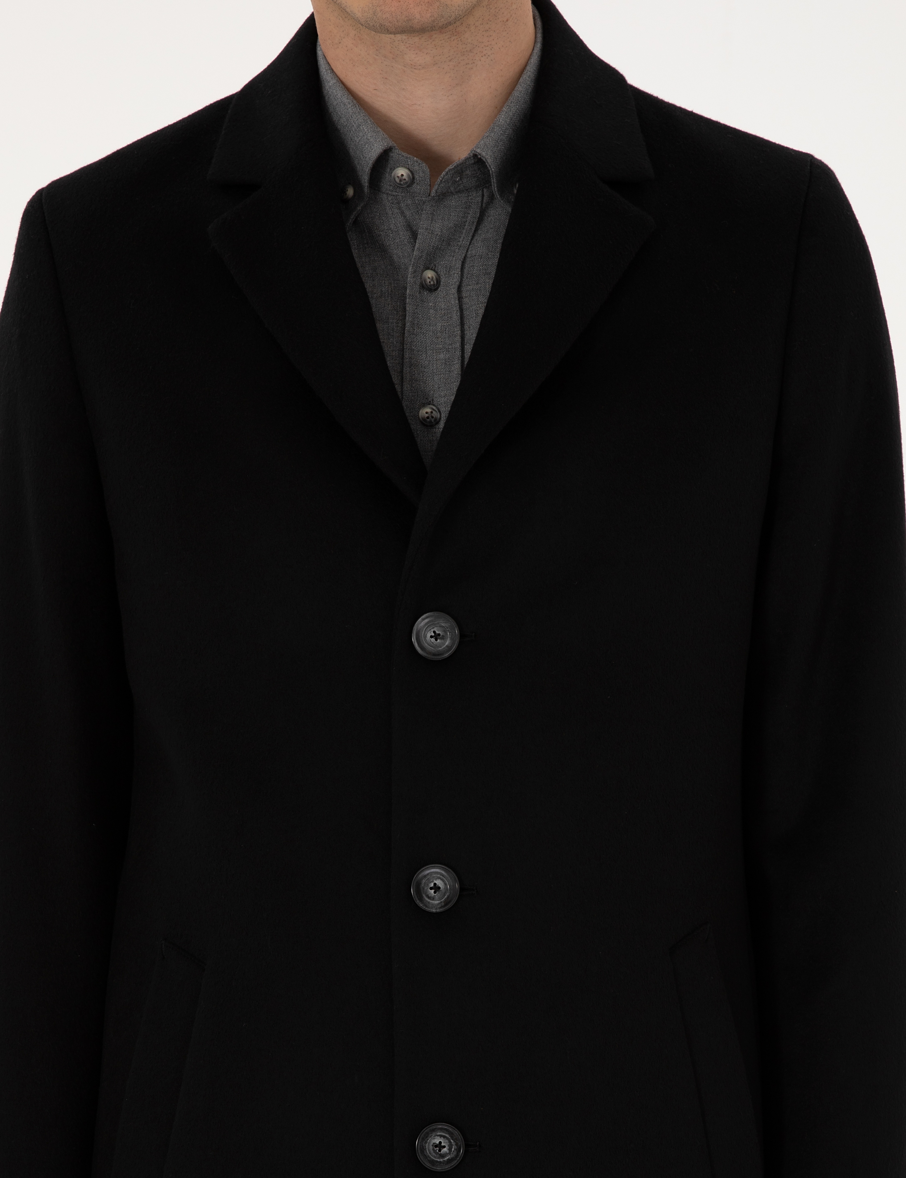 Siyah Ex. Slim Fit Yün Karışımlı Kaşe Kaban - Image 7