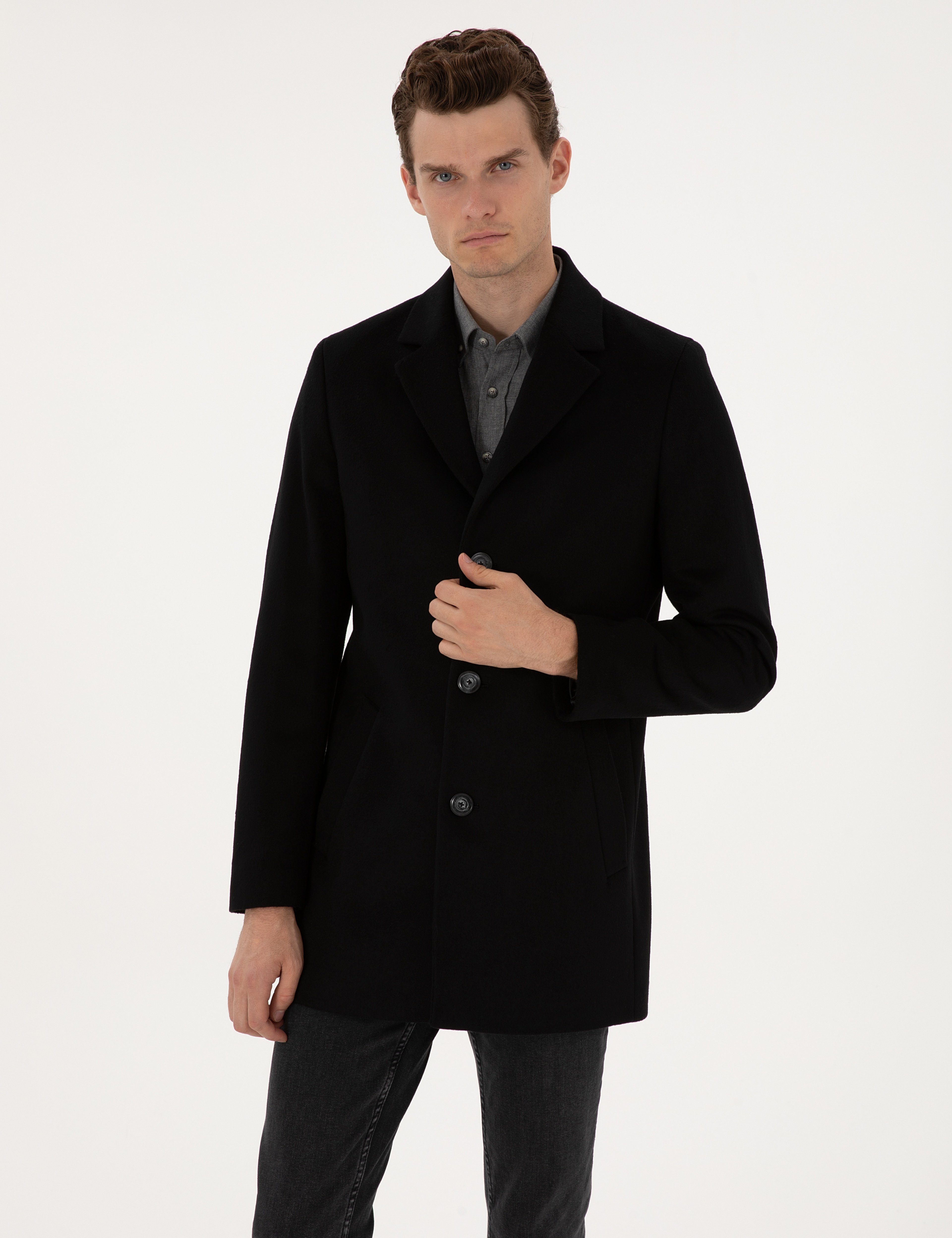 Siyah Ex. Slim Fit Yün Karışımlı Kaşe Kaban - Image 1