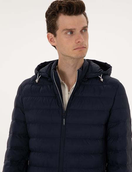 Lacivert Kapitone Kapüşonlu Mont - 50310193014