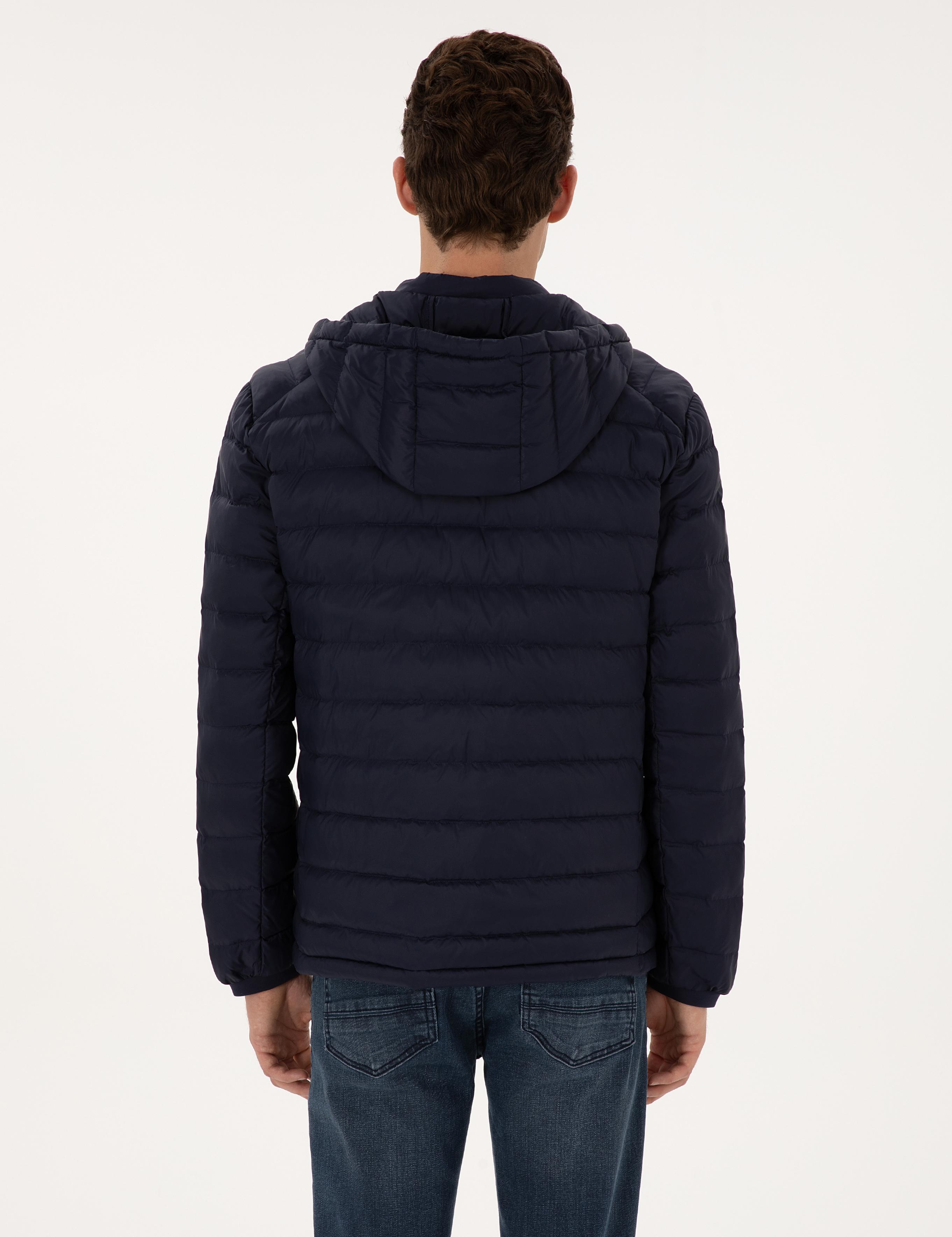 Lacivert Kapitone Kapüşonlu Mont