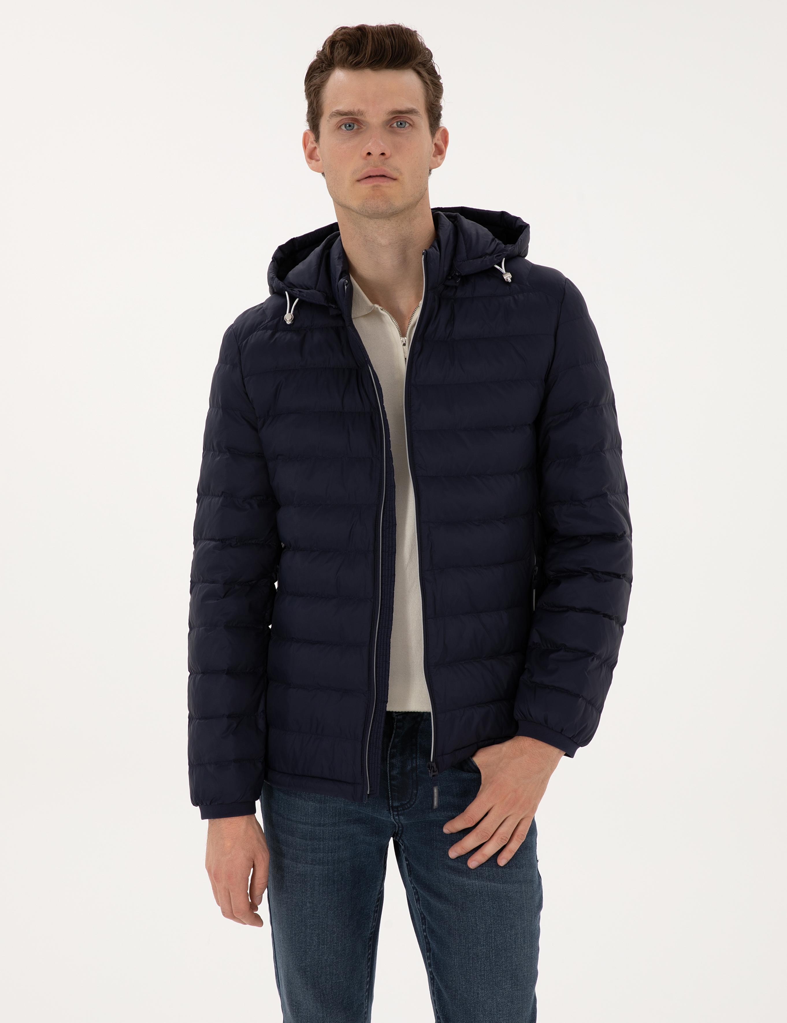 Lacivert Kapitone Kapüşonlu Mont