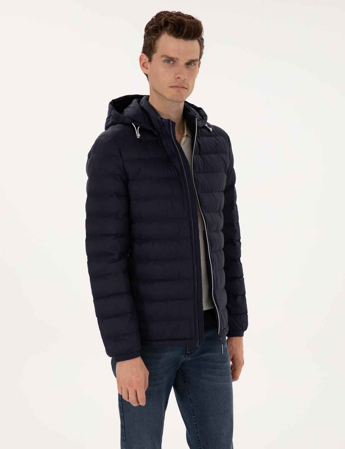 Lacivert Kapitone Kapüşonlu Mont