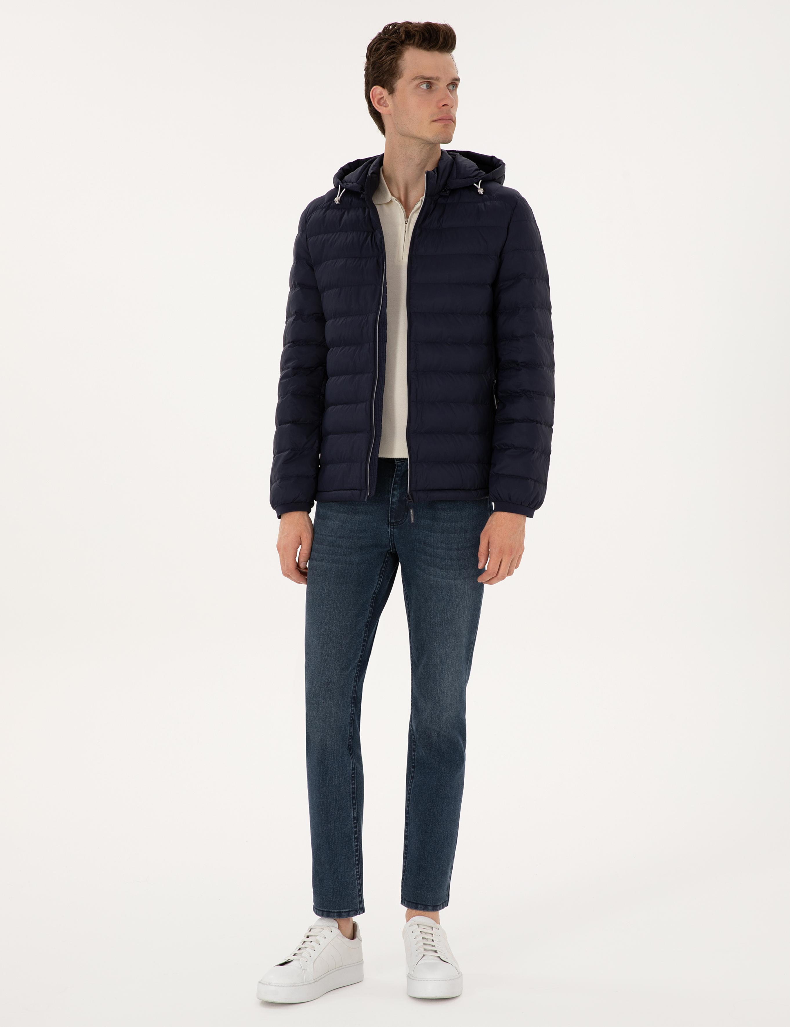 Lacivert Kapitone Kapüşonlu Mont